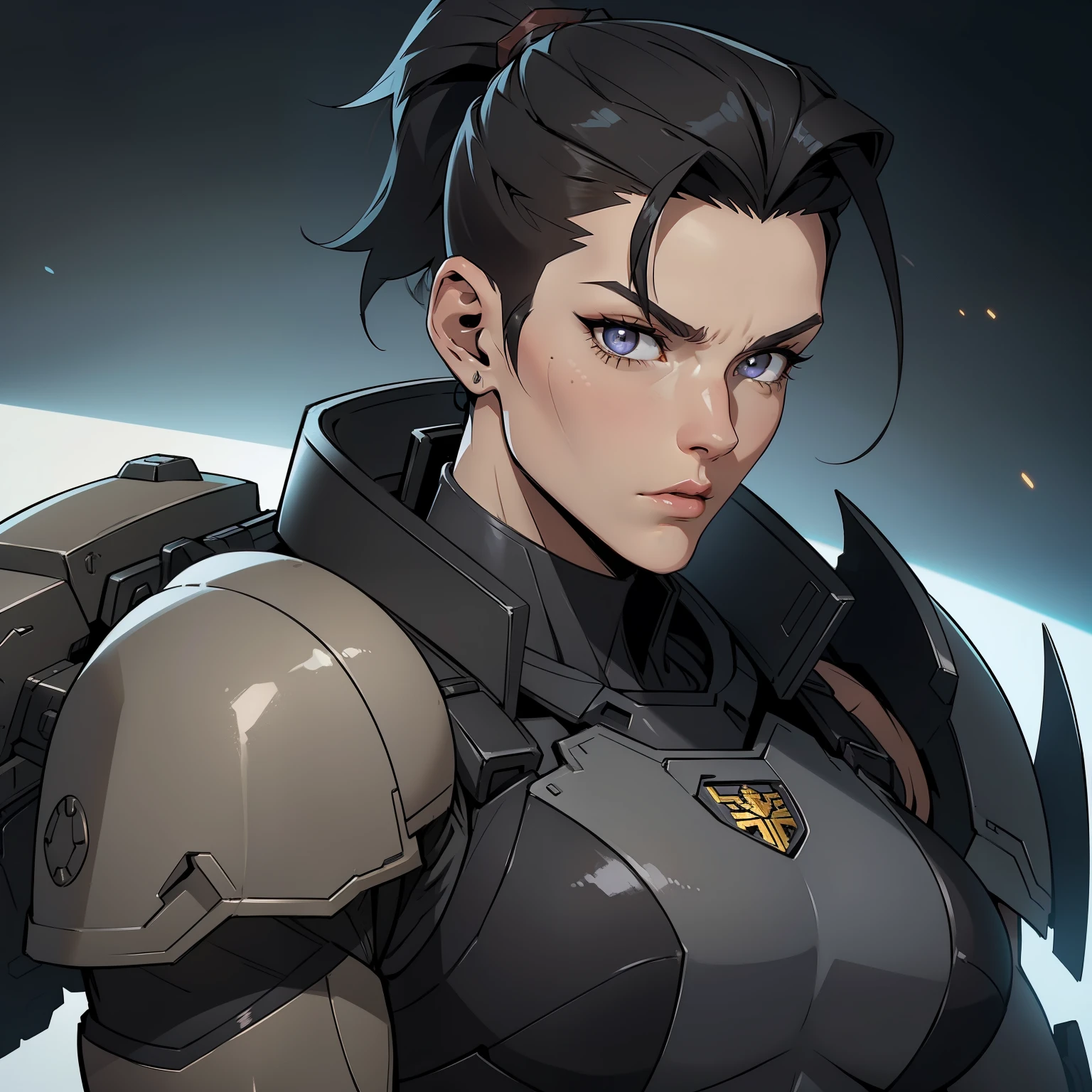 Lanky_muscular_female strong_jawline black_hair short_ponytail shaved_sides gray_eyes scars heavy_power_armor tactical_vest space_marine solo Masterpiece best_quality highly_detailed well_drawn_eyes
