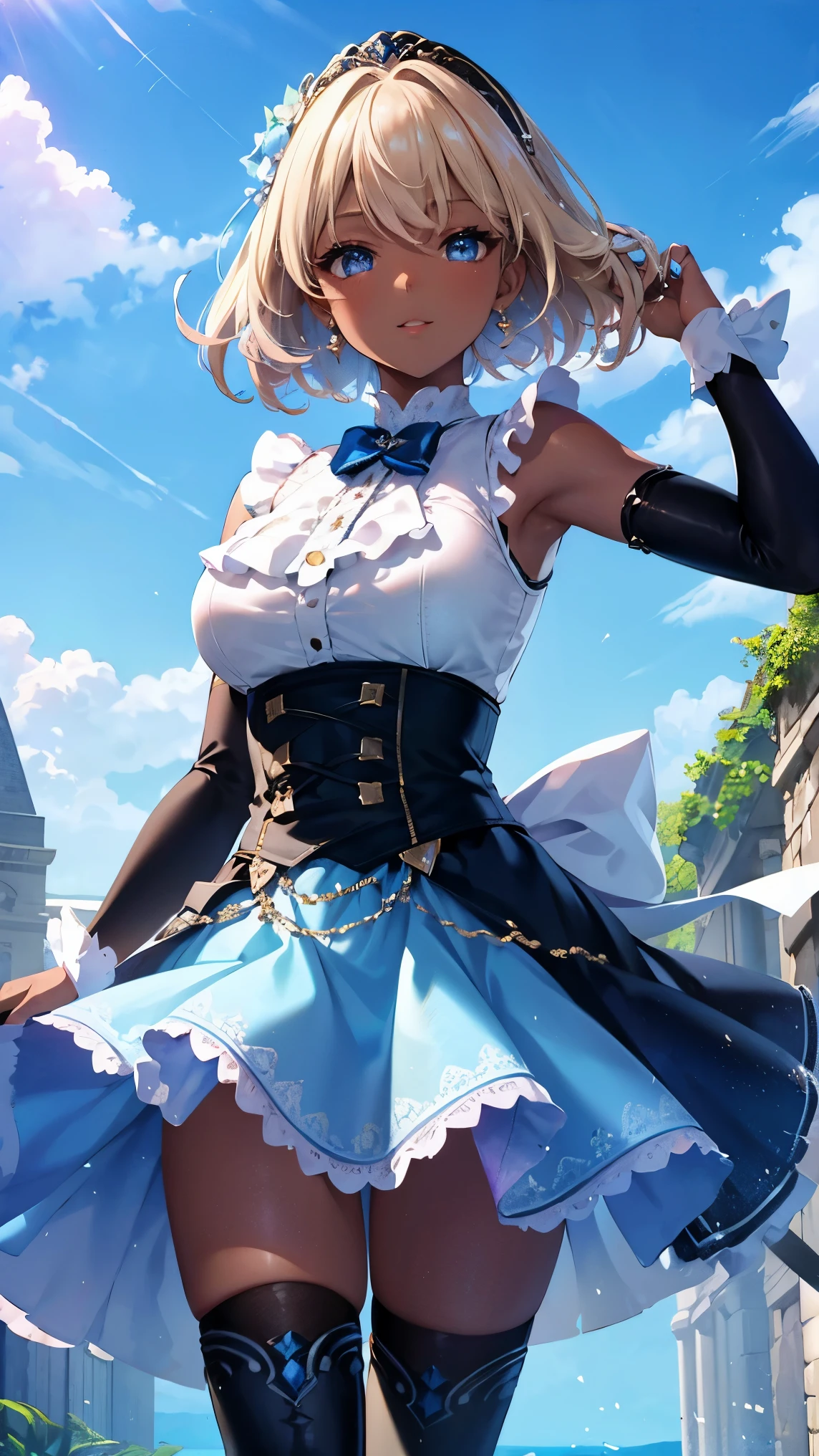 Highest Quality, ​masterpiece, beautifully detailed eyes, (dark skin), short Blonde Hair, Gradient Hair, pink highlights in hair, large breasts, standing, makeup, glossy lips, full lips, (natural lighting), (blue sky), sleeveless idol dress, tiered skirt, layered skirt, very puffy skirt, thigh highs, boots, light smile, hair ornament