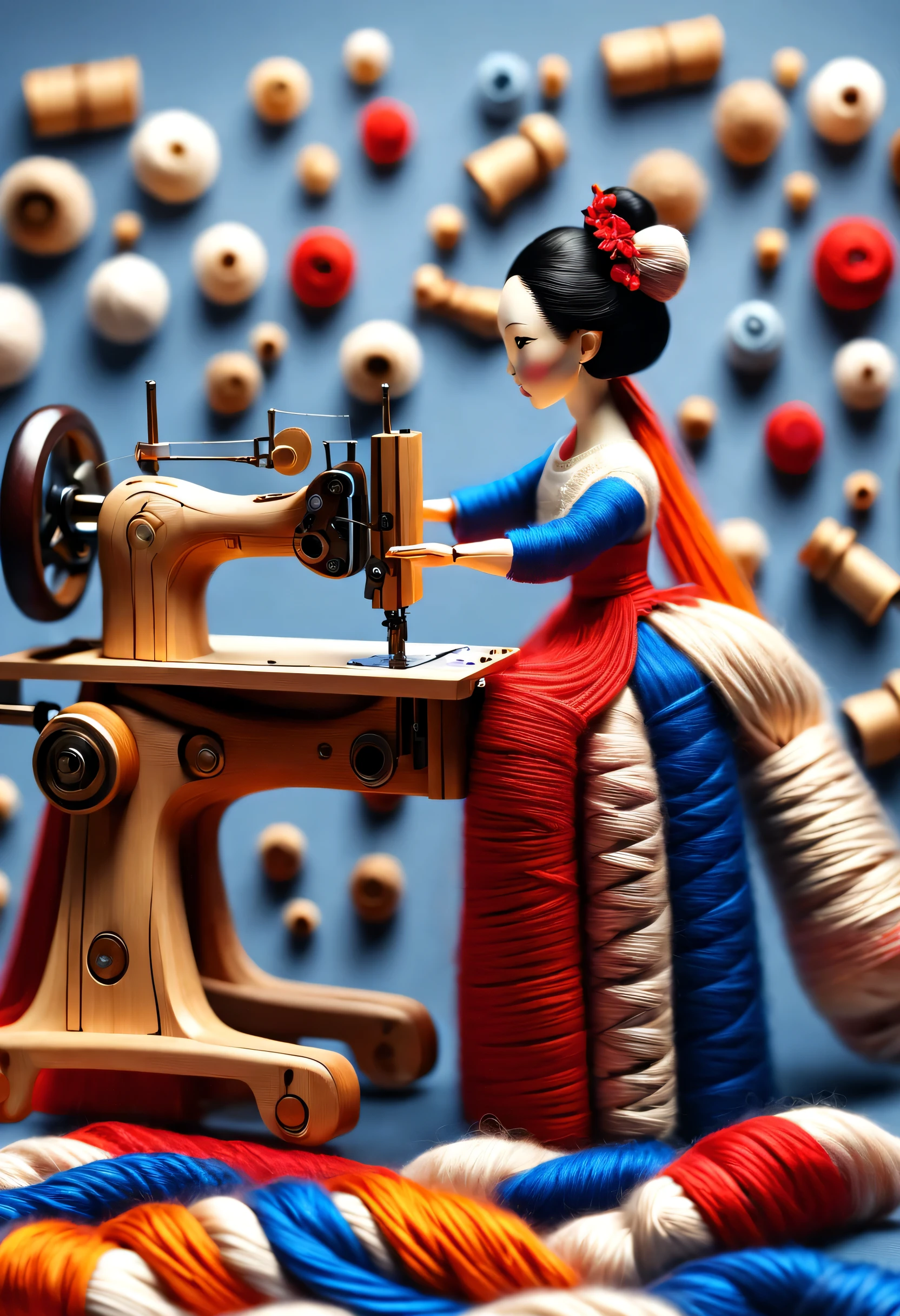 China&#39;s unique high-end carpenter sculpture style，The character is full body，（a mechanically constructed doll is 织布），sewing machine，wooden shuttle loom，sewing machine架、Brora、sewing machine头、Shuttle and yarn composition。sewing machine架用于支撑sewing machine头和Brora，They perform the weaving function through a series of mechanical movements。Shuttle is an essential accessory for weaving，Mainly responsible for conveying yarn，Realize the function of knitting, cute and beautiful face, Extra long red double braids, blue and orange skirt, Slender mechanical wooden arms and legs, Beautiful and detailed，rotate, dance, 8k, super detailed, actual, high resolution, Ray tracing,yarn art