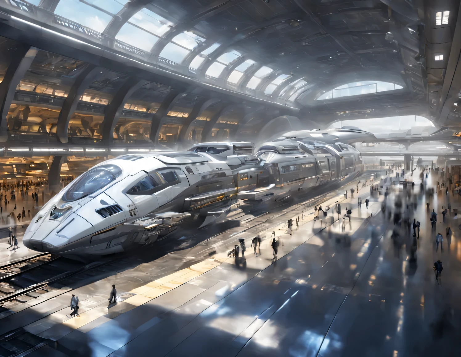 Cosmic aesthetics of the future world, in outer space, a fantasy Train Station of the future with an approaching flying train on an energy drive, the train looks like a spaceship, the train flies and approaches the station, other trains and spaceships fly by, Photorealistic, A high resolution, fantasy