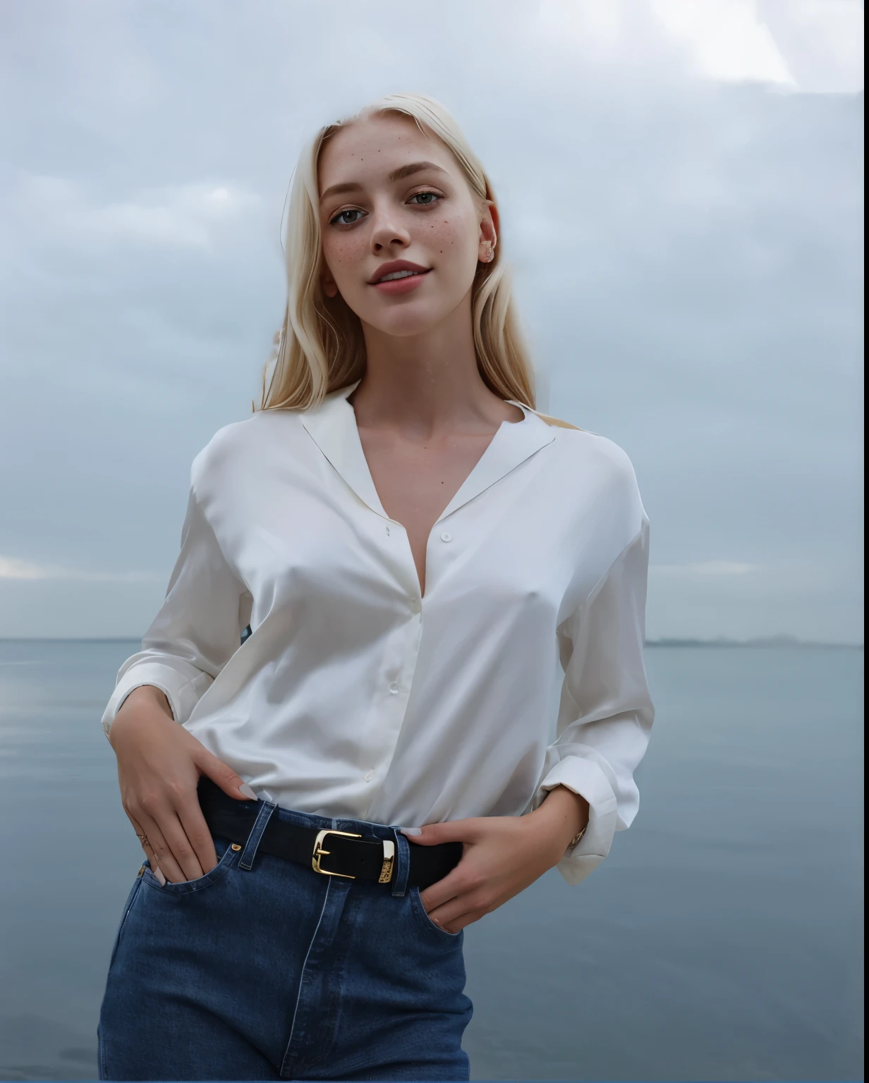 mulher, americana, 25 s, pale skin and freckles, olhos cinzas, nariz delicado, soft and delicate lips, longo, cabelo blondie longo e ondulado na altura da cintura, sorriso meigo,