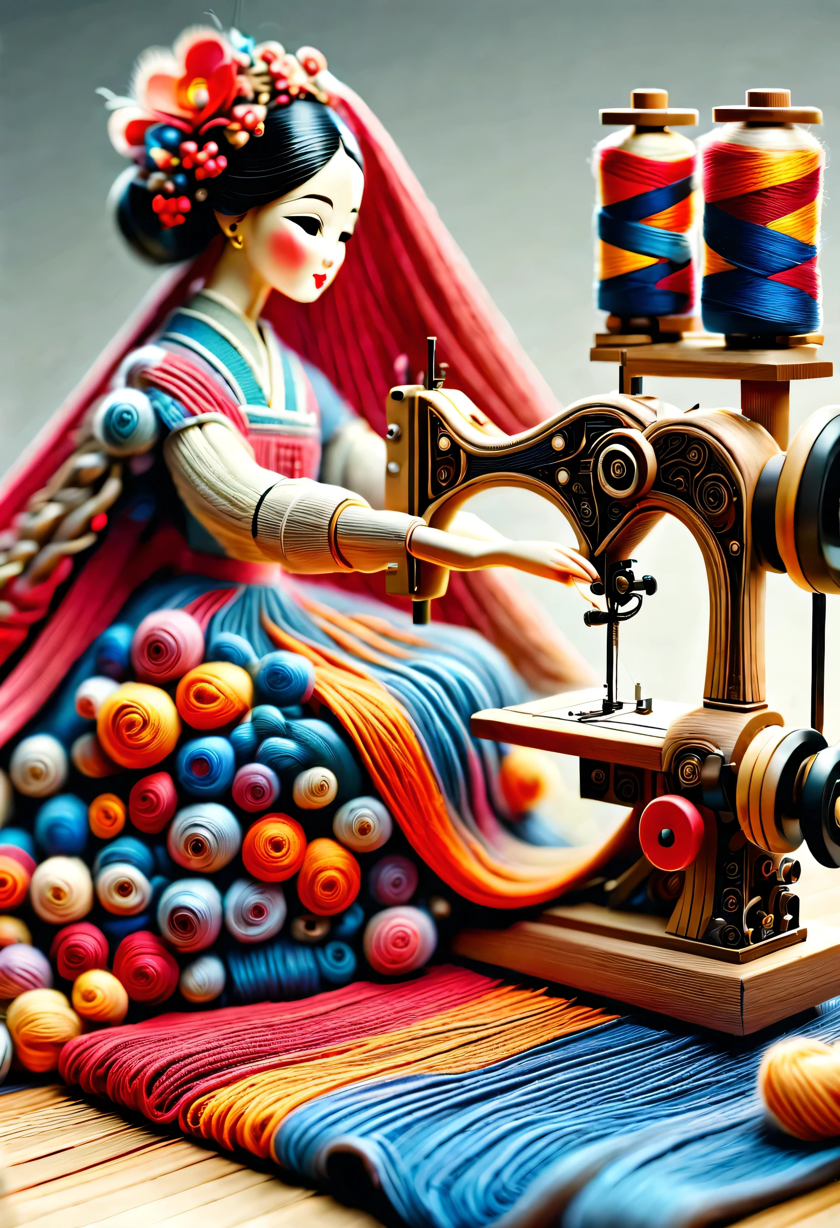 China&#39;s unique high-end carpenter sculpture style，The character is full body，（a mechanically constructed doll 坐在古代sewing machine前），sewing machine，wooden shuttle loom，sewing machine架、Brora、sewing machine头、Shuttle and yarn composition。sewing machine架用于支撑sewing machine头和Brora，They perform the weaving function through a series of mechanical movements。Shuttle is an essential accessory for weaving，Mainly responsible for conveying yarn，Realize the function of knitting, cute and beautiful face, Extra long red double braids, blue and orange skirt, Slender mechanical wooden arms and legs, Beautiful and detailed，rotate, dance, 8k, super detailed, actual, high resolution, Ray tracing,yarn art