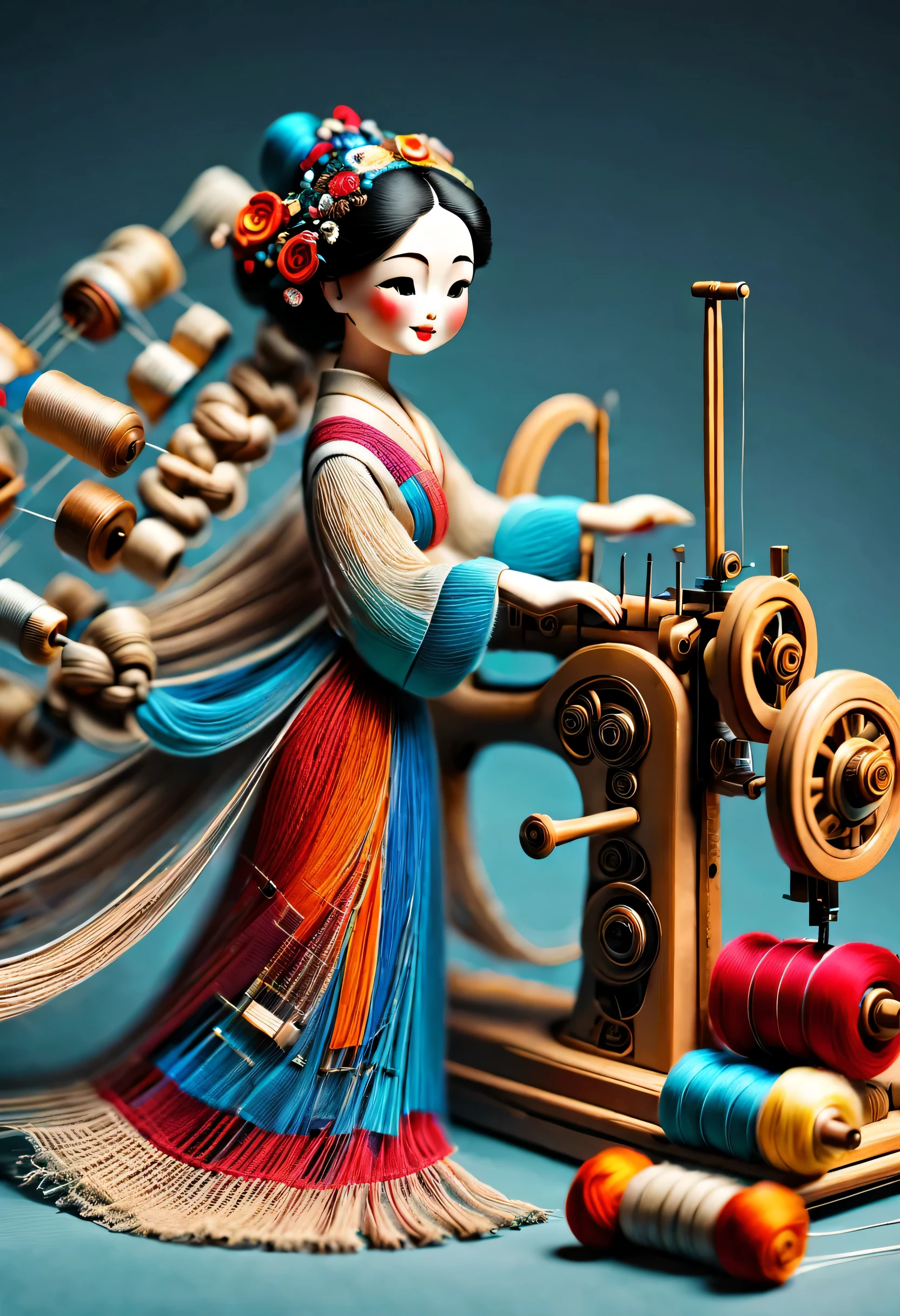 China's unique high-end carpenter sculpture style,The character is full body,(a mechanically constructed doll 坐在古代sewing machine前),sewing machine,wooden shuttle loom,sewing machine架、Brora、sewing machine头、Shuttle and yarn composition。sewing machine架用于支撑sewing machine头和Brora,They perform the weaving function through a series of mechanical movements。Shuttle is an essential accessory for weaving,Mainly responsible for conveying yarn,Realize the function of knitting, cute and beautiful face, Extra long red double braids, blue and orange skirt, Slender mechanical wooden arms and legs, Beautiful and detailed,rotate, dance, 8k, super detailed, actual, high resolution, Ray tracing,yarn art