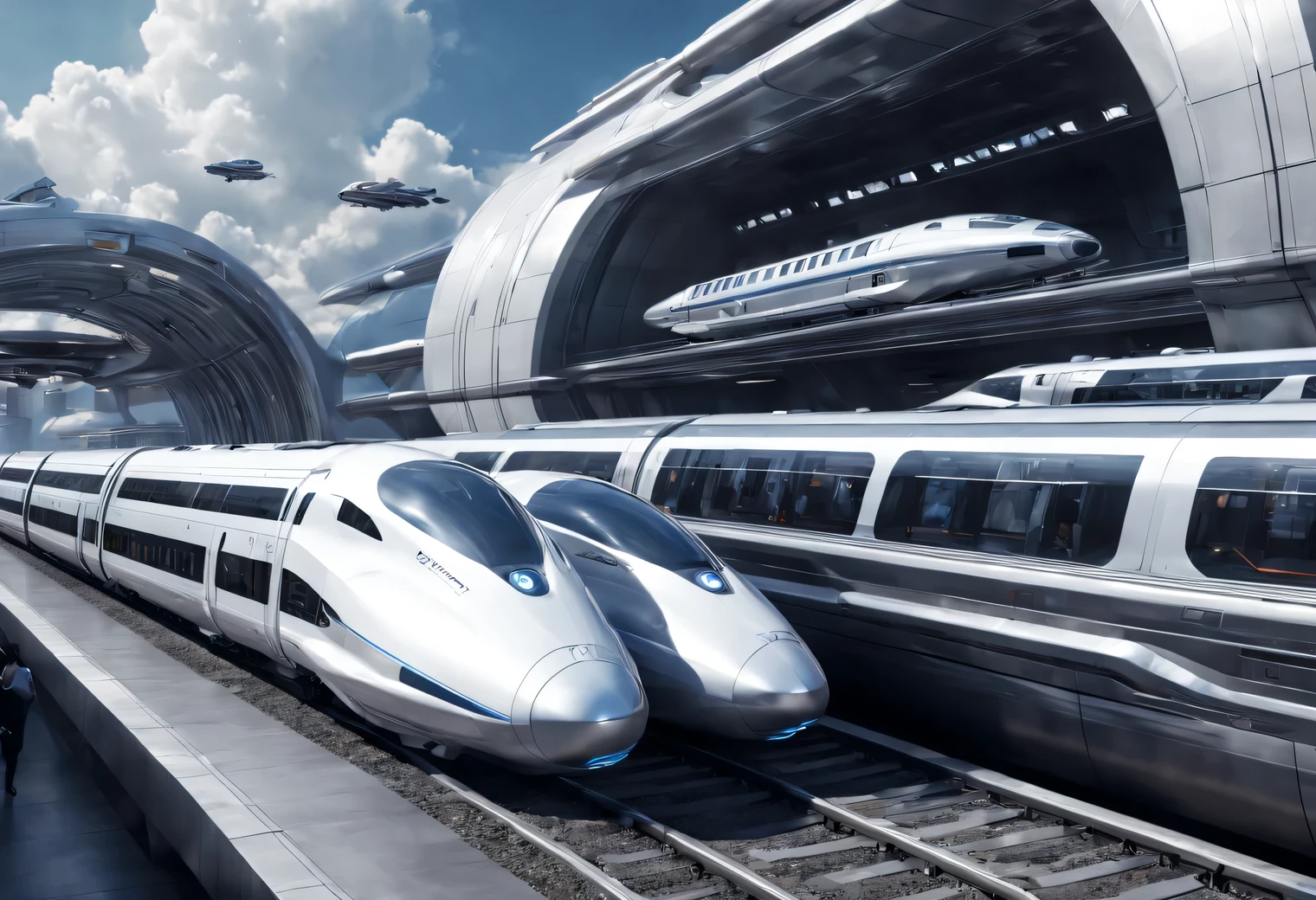 Cosmic aesthetics of the future world, in outer space, a fantasy Train Station of the future with an approaching flying train on an energy drive, the train looks like a spaceship, the train flies and approaches the station, other trains and spaceships fly by, Photorealistic, A high resolution, fantasy