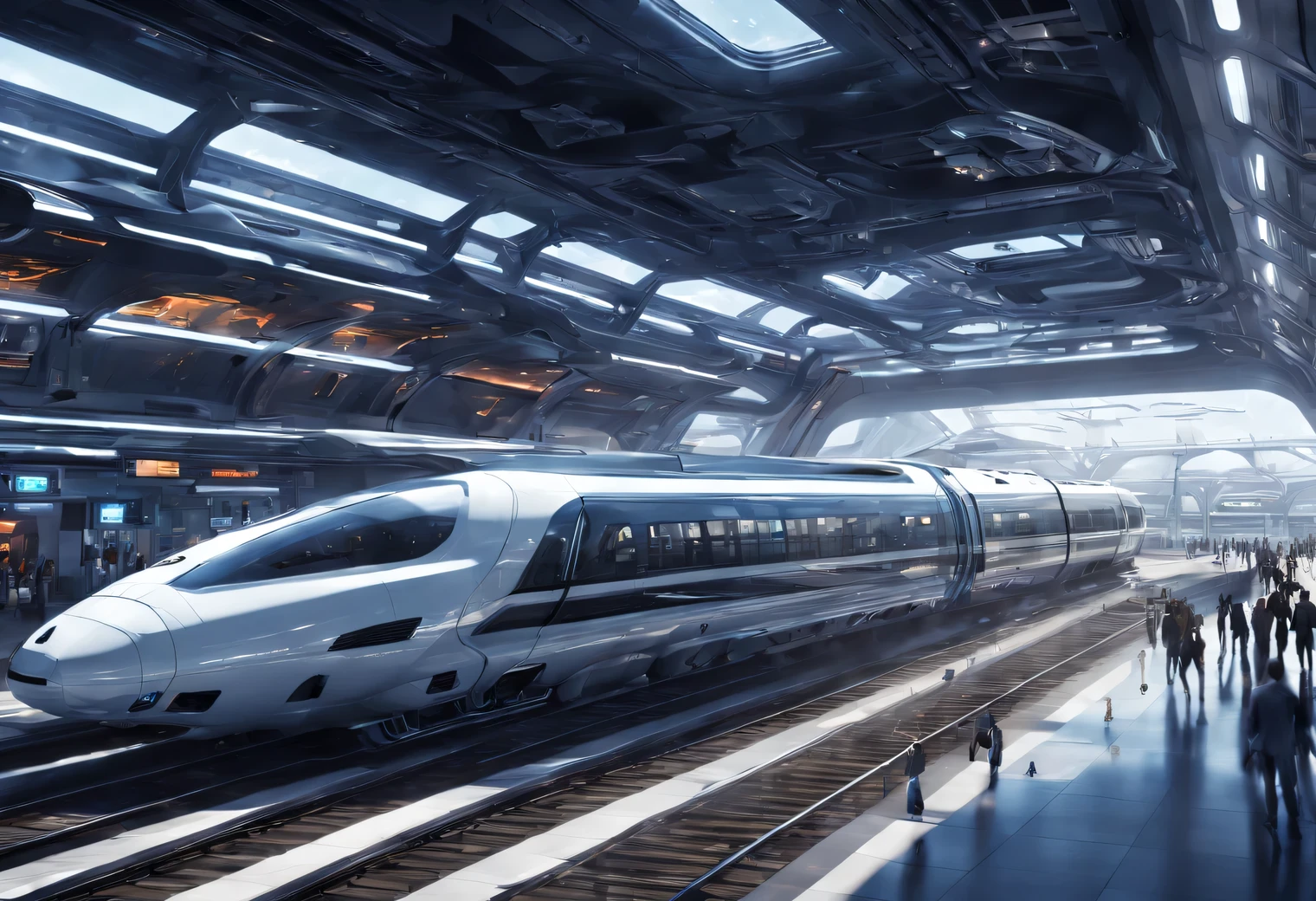 Cosmic aesthetics of the future world, in outer space, a fantasy Train Station of the future with an approaching flying train on an energy drive, the train looks like a spaceship, the train flies and approaches the station, other trains and spaceships fly by, Photorealistic, A high resolution, fantasy