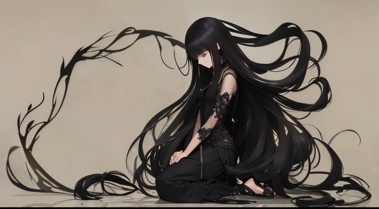 (very delicate and beautiful）Uncomfortable、human、Grudge、black目、（silhouette）、slender body、long haired person、hollow parts、black、curse、grudge、whole body、BLOOD、Grudge、