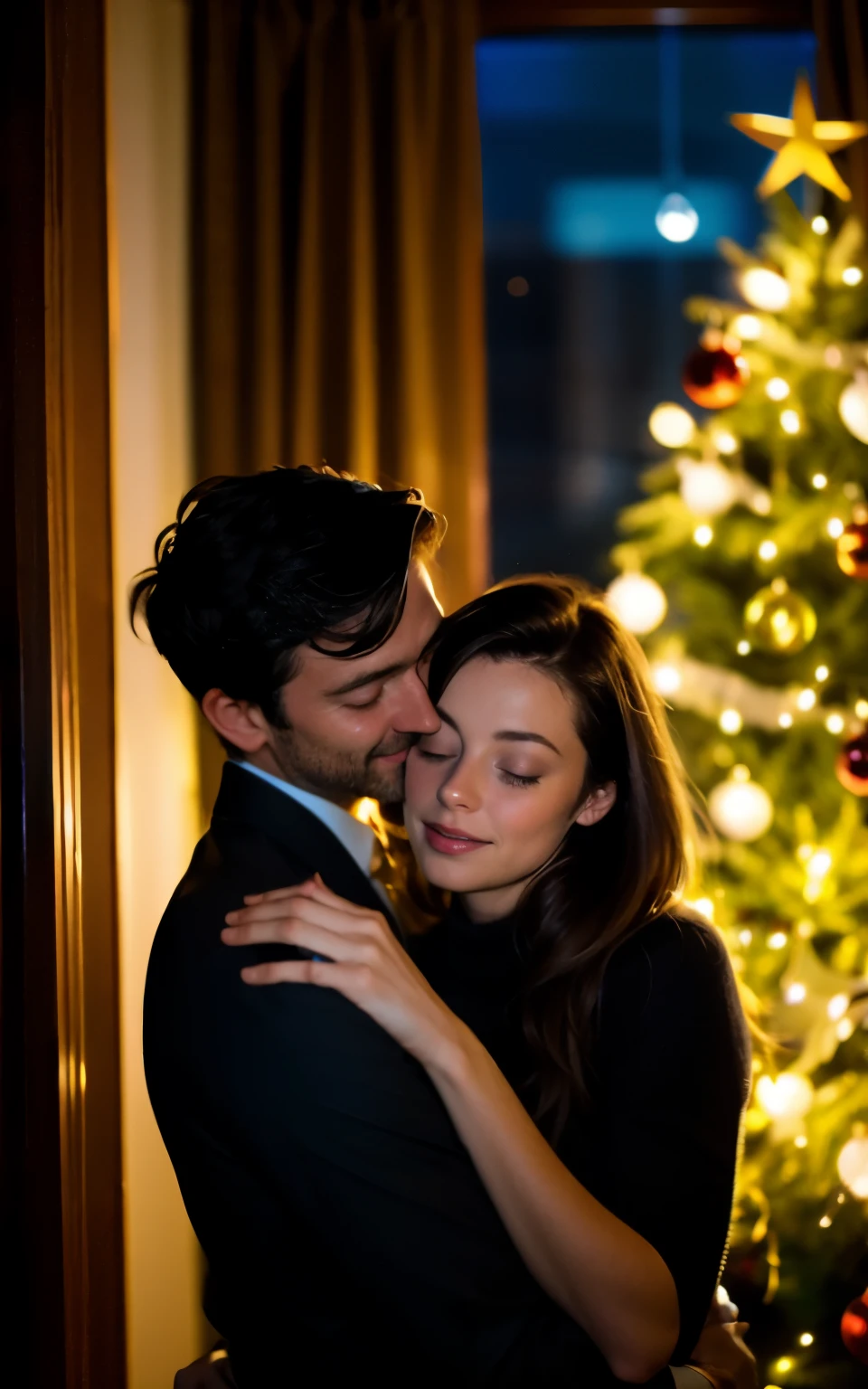 dark haired Swedish woman, pale skin, hugging a dark haired man in front of a Christmas tree. indoors, night, warm lighting