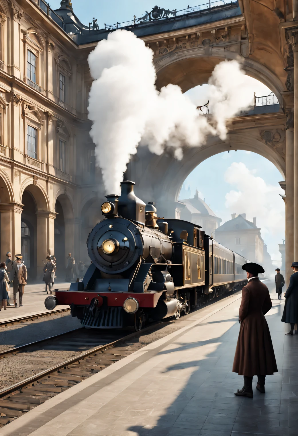 Aesthetics of ancient baroque architecture., ancient station, where the ancient steam locomotive arrives, People, standing on a platform in 18th century clothing, Photorealistic, A high resolution