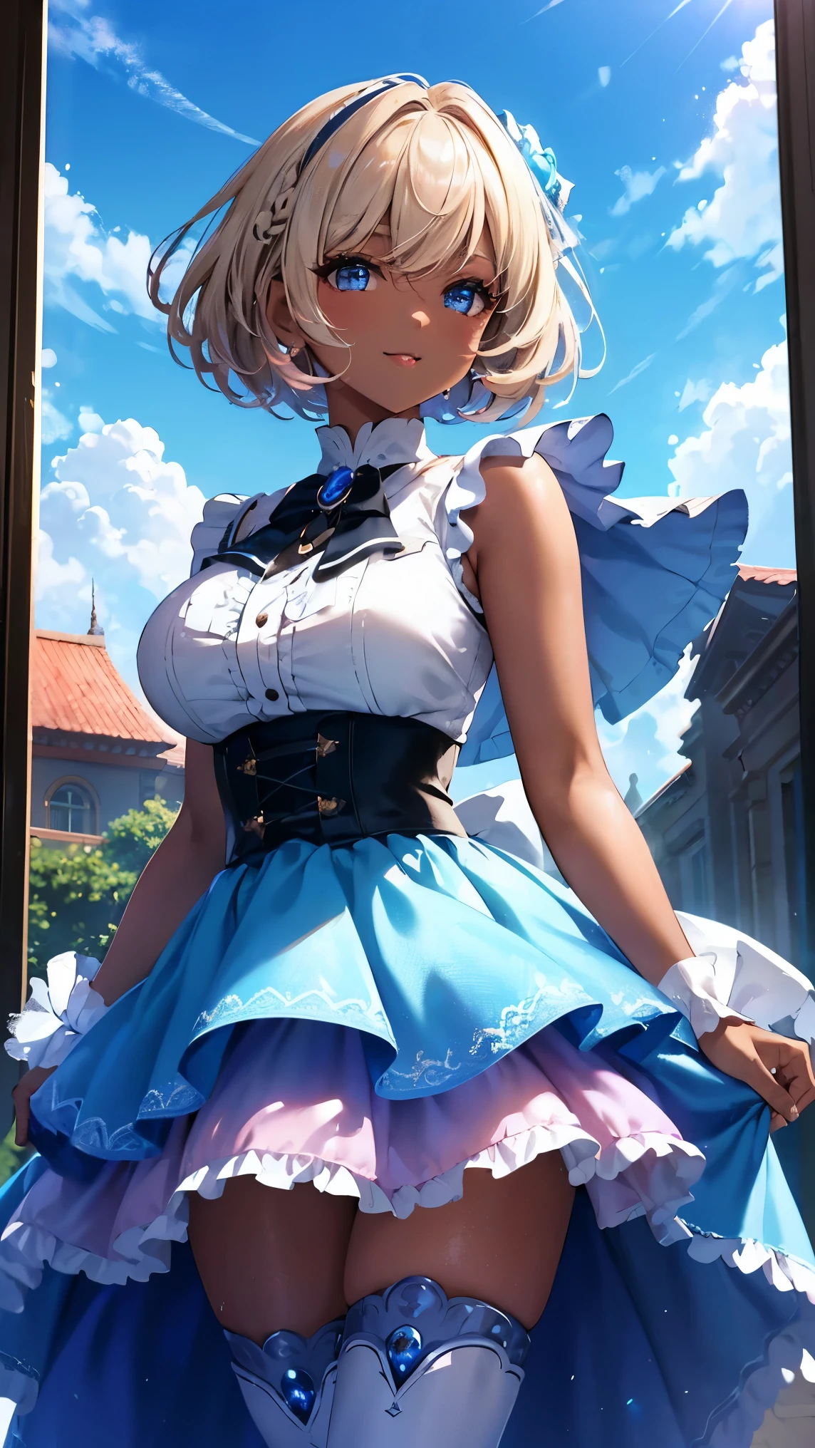 Highest Quality, ​masterpiece, beautifully detailed eyes, (dark skin), short Blonde Hair, Gradient Hair, pink highlights in hair, large breasts, standing, makeup, glossy lips, full lips, (natural lighting), (blue sky), sleeveless idol dress, tiered skirt, layered skirt, very puffy skirt, thigh highs, boots, light smile, hair ornament, boob window