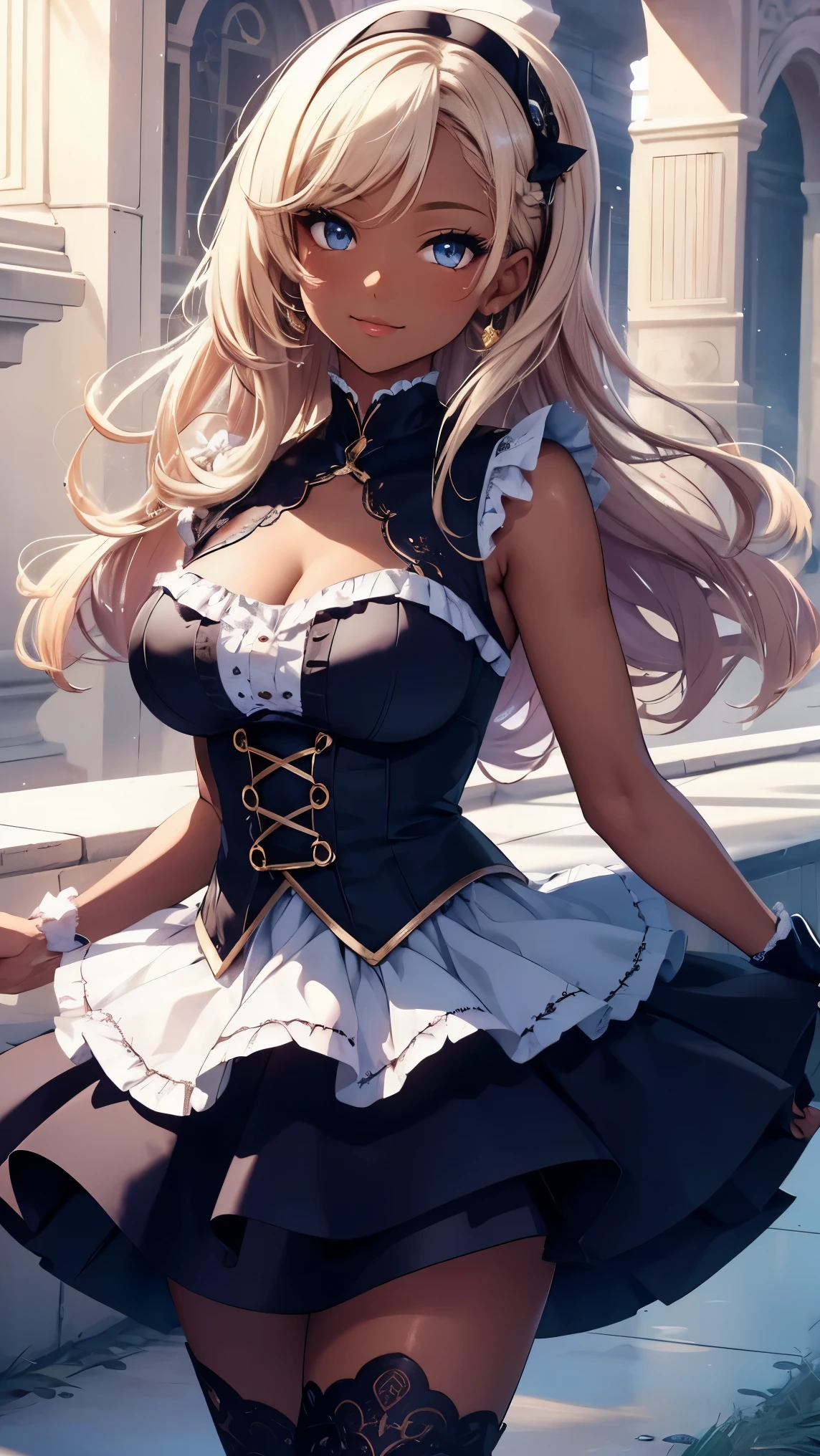 Highest Quality, ​masterpiece, beautifully detailed eyes, (dark skin), short Blonde Hair, Gradient Hair, pink highlights in hair, large breasts, standing, makeup, glossy lips, full lips, (natural lighting), (blue sky), sleeveless idol dress, tiered skirt, layered skirt, very puffy skirt, thigh highs, boots, light smile, hair ornament