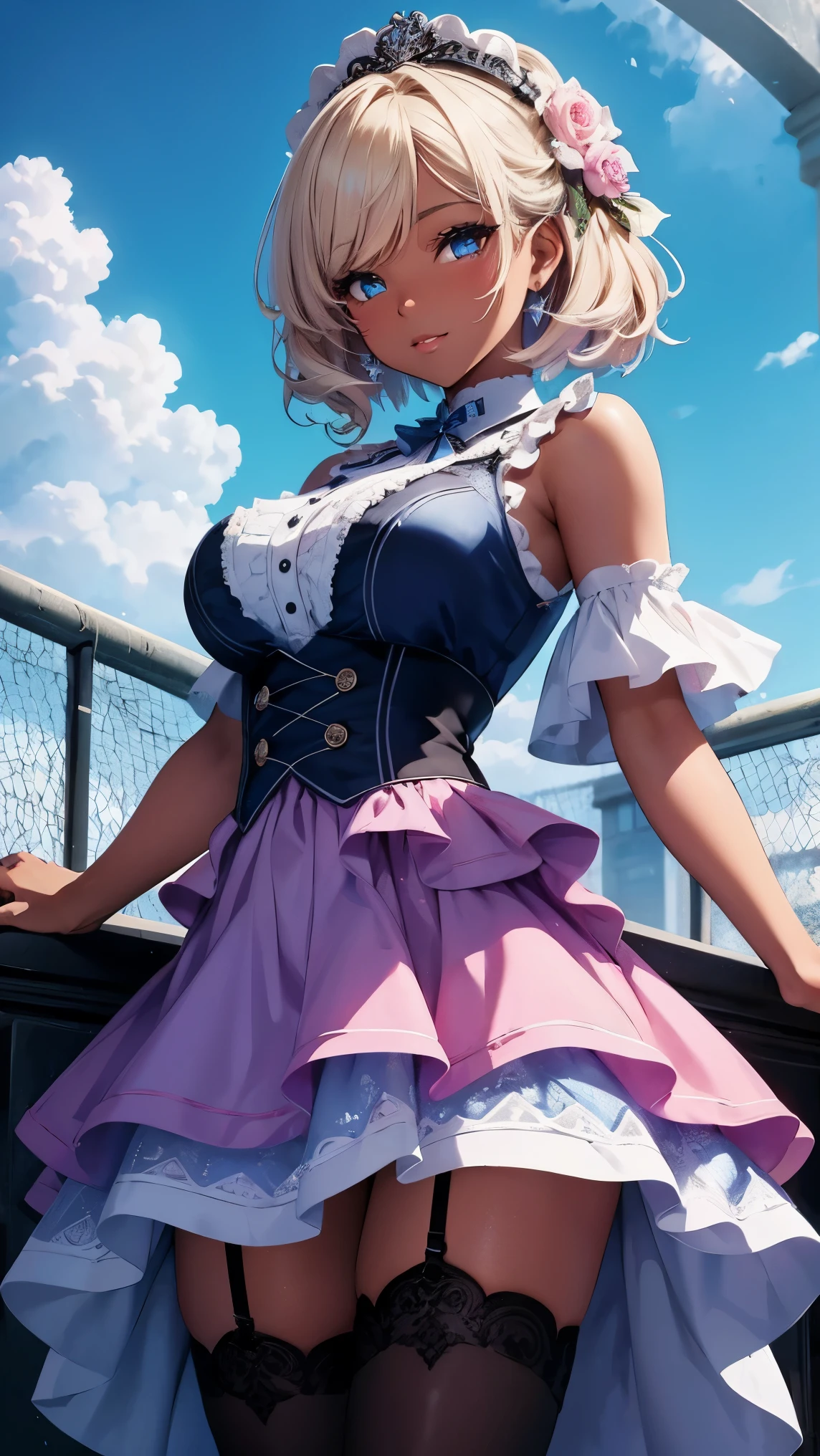 Highest Quality, ​masterpiece, beautifully detailed eyes, (dark skin), short Blonde Hair, Gradient Hair, pink highlights in hair, large breasts, standing, makeup, glossy lips, full lips, (natural lighting), (blue sky), sleeveless idol dress, tiered skirt, layered skirt, very puffy skirt, thigh highs, boots, light smile, hair ornament