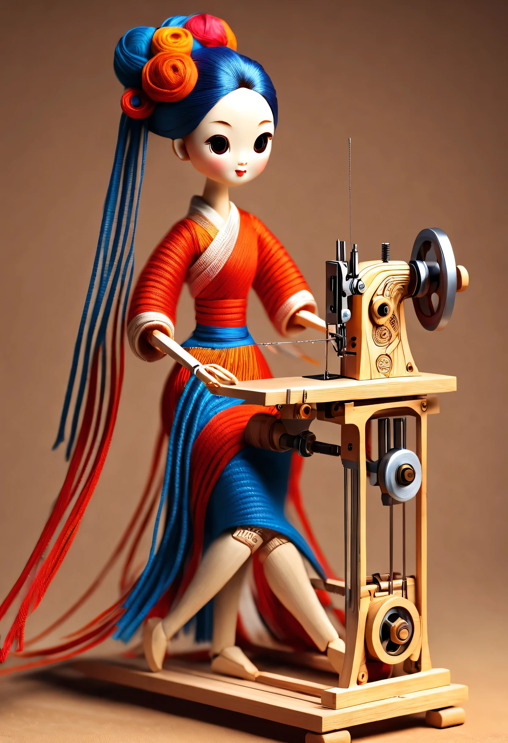 China&#39;s unique high-end carpenter sculpture style, character idea, (whole body), (a mechanically constructed doll is 织布）, （sewing machine），木梭织带机由sewing machine架、Brora、sewing machine头、Shuttle and yarn composition。sewing machine架用于支撑sewing machine头和Brora，Brora和sewing machine头是织布的核心部件，They perform the weaving function through a series of mechanical movements。Shuttle is an essential accessory for weaving，Mainly responsible for conveying yarn，Realize the function of knitting, Mechanical line,Gear connection, , cute and beautiful face, Extra long red double braids, blue and orange skirt, Slender mechanical wooden arms and legs, Beautiful and detailed，rotate, dance, 8k, super detailed, actual, high resolution, Ray tracing,yarn art，background：farmhouse night