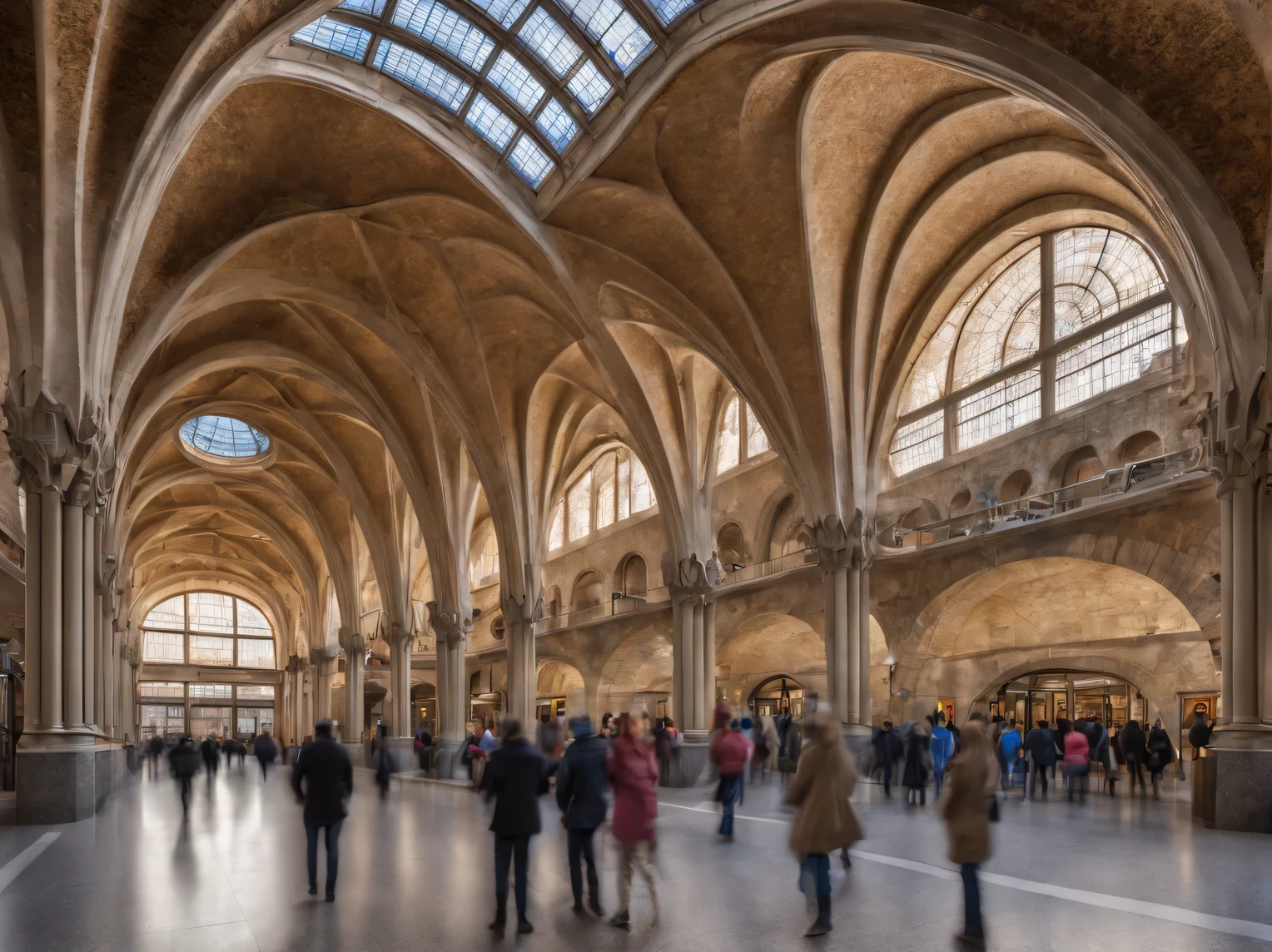 Artistic photography for an elite glossy magazine, A large beautiful building of 18th century Art Nouveau architecture by architect Antonio Gaudi, Railroad station, people waiting for the train to arrive, High detail, A large beautiful building - Railroad station, Antonio Gaudi, A large beautiful building - Railroad station described in detail, A high resolution, 32 thousand., ISO 150, granularity, wide angle frame, High depth of field