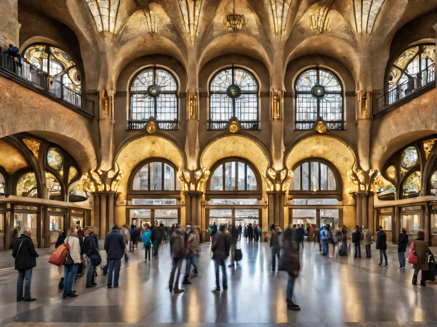 Artistic photography for an elite glossy magazine, A large beautiful building of 18th century Art Nouveau architecture by architect Antonio Gaudi, Railroad station, people waiting for the train to arrive, High detail, A large beautiful building - Railroad station, Antonio Gaudi, A large beautiful building - Railroad station described in detail, A high resolution, 32 thousand., ISO 150, granularity, wide angle frame, High depth of field