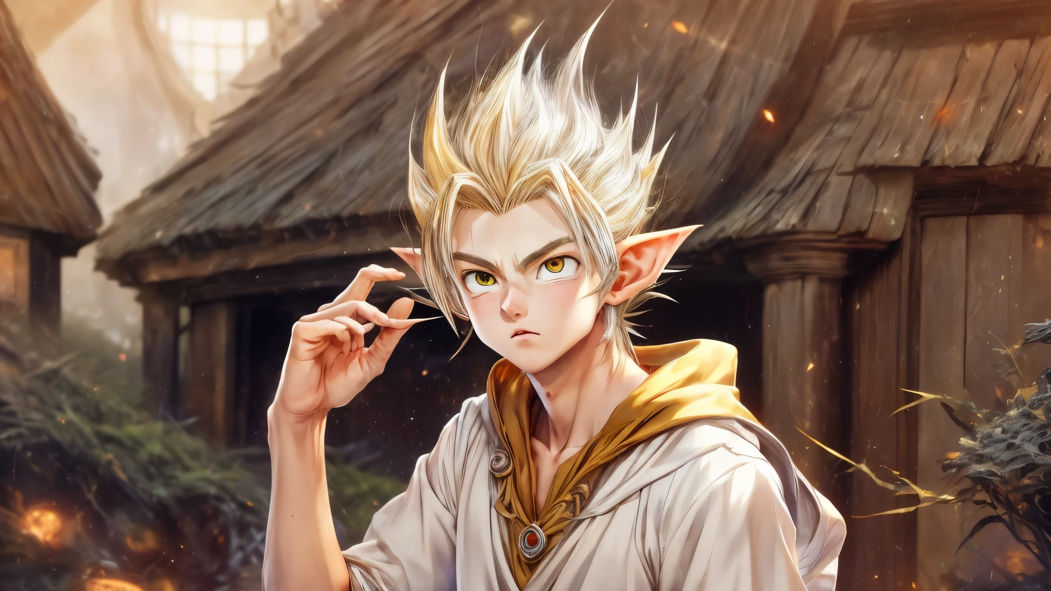 (master piece), 8k, best quality, book illustration, various expressions, elf boy, childlike appearance, male, teenager, 14 years old, 1.70 meters tall, white skin, thin body, pointed elf ears, beautiful finely detailed silver eyes, high forehead, spiky yellow blonde hair like Gohan from the anime dragon ball (super sayajin), Round face, highly detailed, sharp focus, Incredibly handsome, looking at camera, conservative elven outfit, conservative posture, talking , relieved, grateful