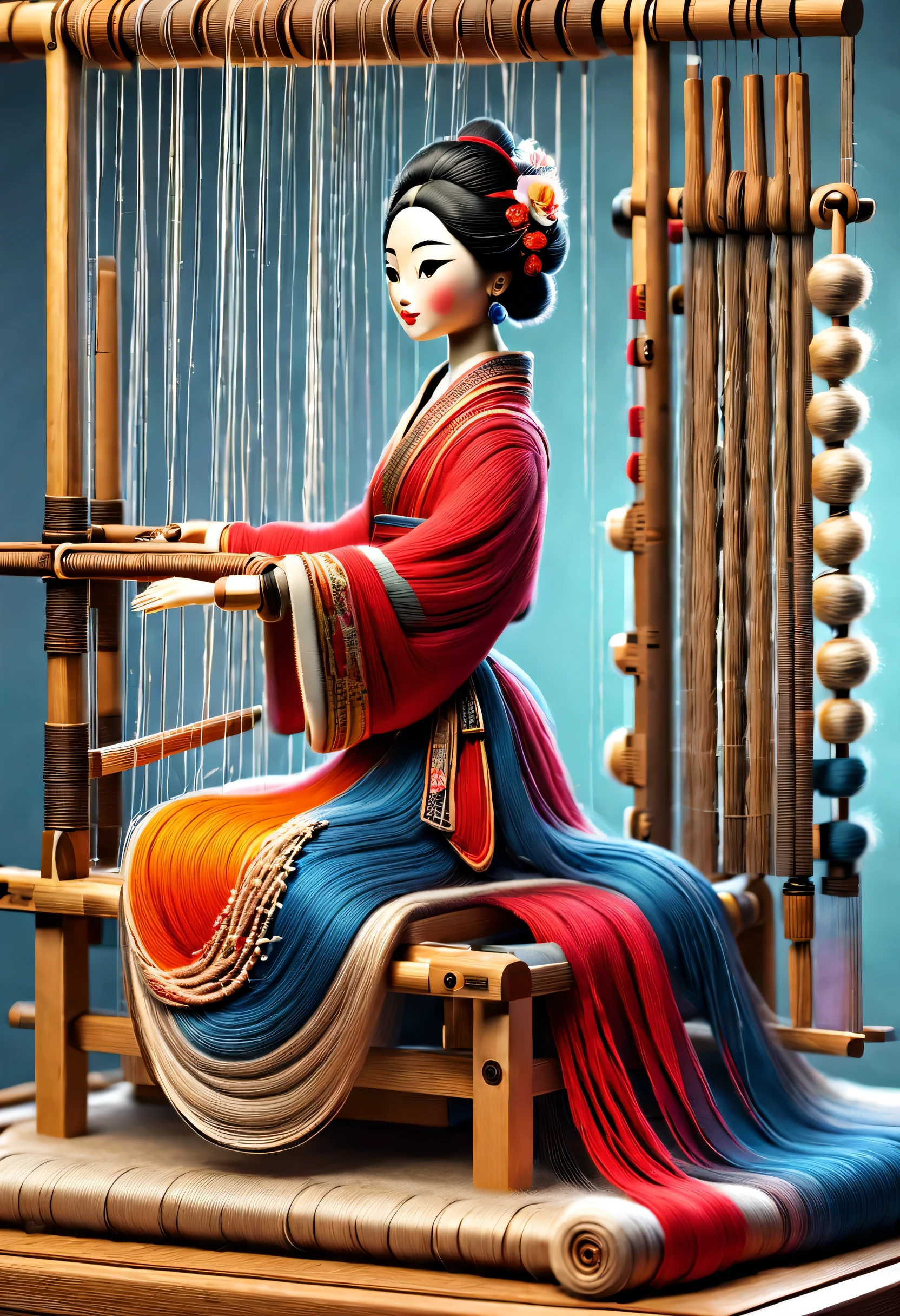 China's unique high-end carpenter sculpture style,The character is full body,(Mechanical doll sitting in front of ancient Chinese loom),Inspired by the looms of Jiangning Weaving Museum,wooden shuttle loom,loom frame、Brora、loom head、Shuttle and yarn composition。loom frame用于支撑loom head和Brora,They perform the weaving function through a series of mechanical movements。Shuttle is an essential accessory for weaving,Mainly responsible for conveying yarn,Realize the function of knitting, cute and beautiful face, Extra long red double braids, blue and orange skirt, Slender mechanical wooden arms and legs, Beautiful and detailed,rotate, dance, 8k, super detailed, actual, high resolution, Ray tracing,yarn art