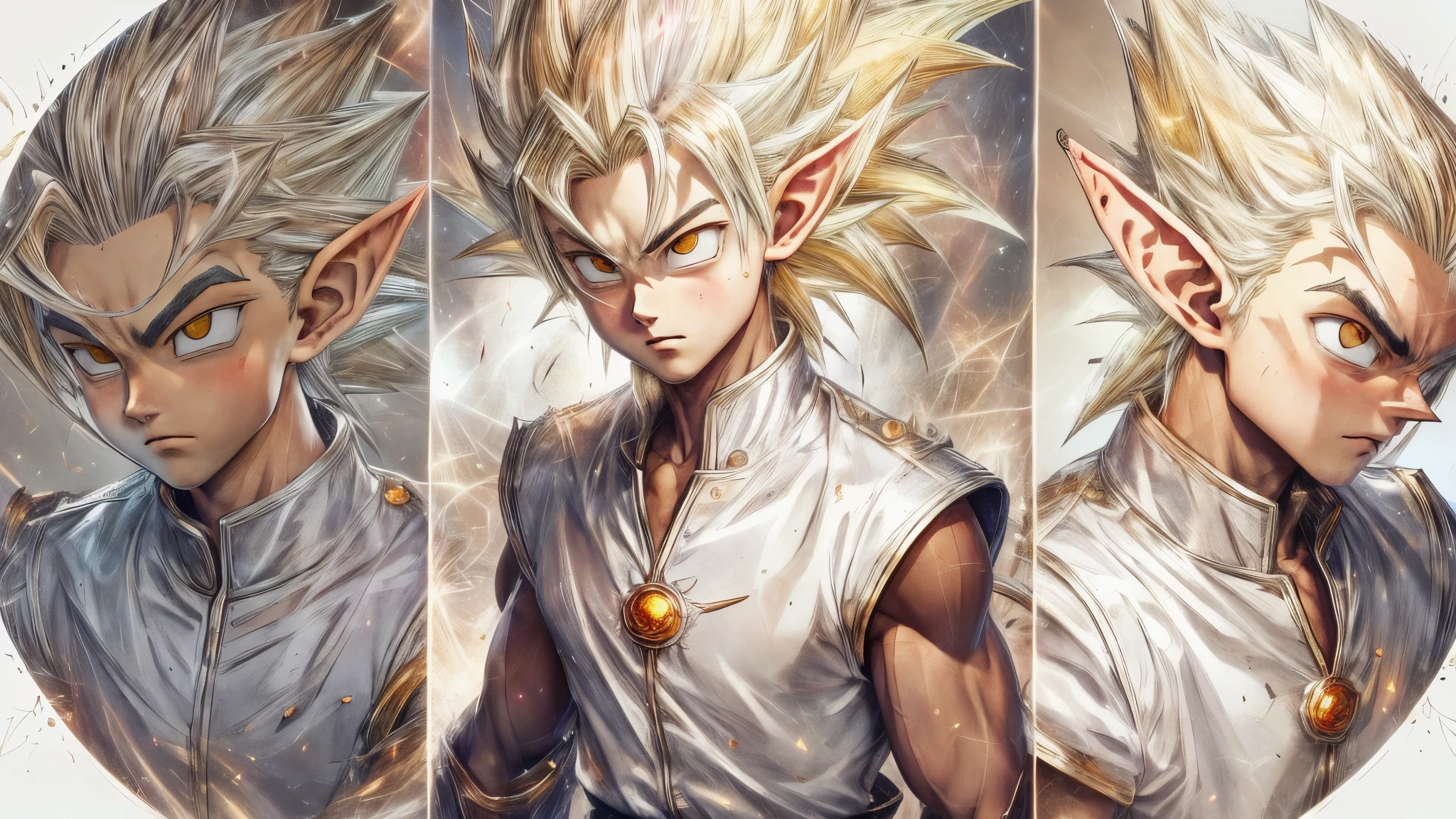 (master piece), 8k, best quality, book illustration, various expressions, elf boy, childlike appearance, male, teenager, , 1.70 meters tall, white skin, thin body, pointed elf ears, beautiful finely detailed silver eyes, high forehead, spiky yellow blonde hair like Gohan from the anime dragon ball (super sayajin), Round face, highly detailed, sharp focus, Incredibly handsome, looking at camera, conservative elven outfit, conservative posture, talking , relieved, grateful