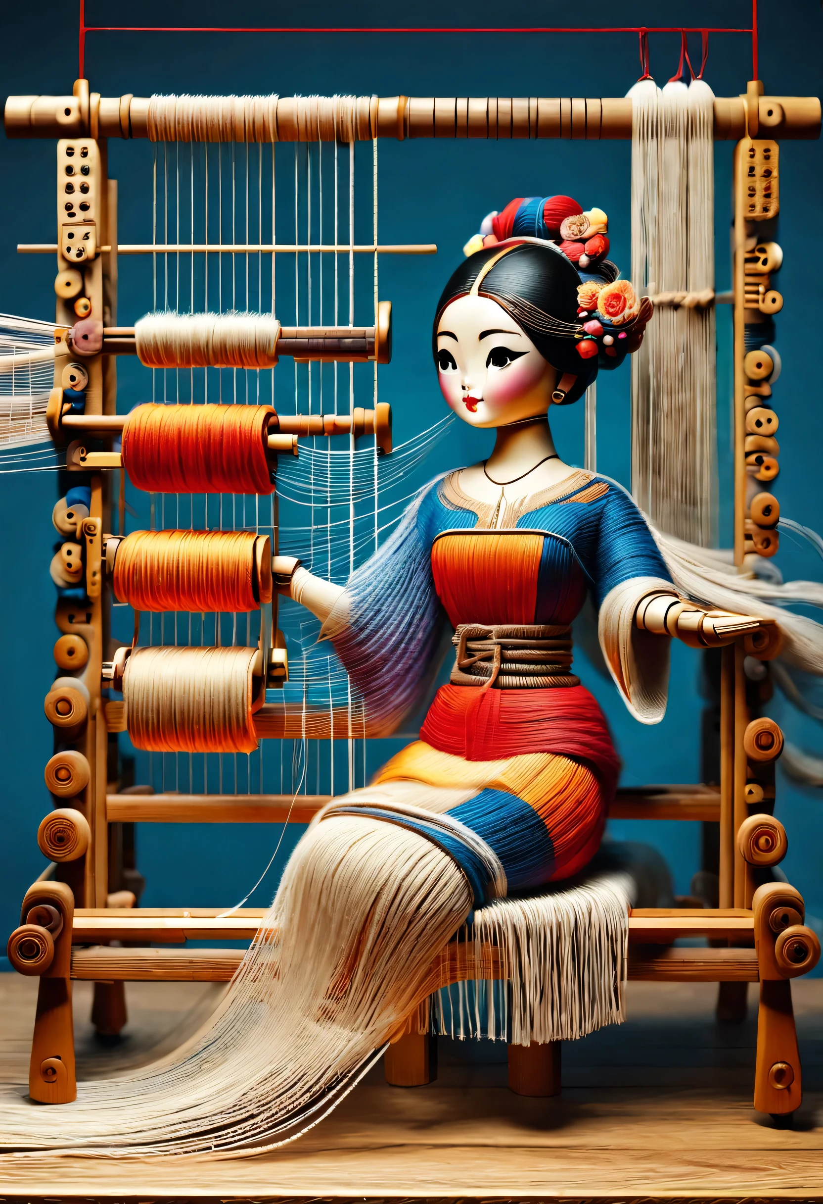 China's unique high-end carpenter sculpture style,The character is full body,(Mechanical doll sitting in front of ancient Chinese loom),Inspired by the looms of Jiangning Weaving Museum,wooden shuttle loom,loom frame、Brora、loom head、Shuttle and yarn composition。loom frame用于支撑loom head和Brora,They perform the weaving function through a series of mechanical movements。Shuttle is an essential accessory for weaving,Mainly responsible for conveying yarn,Realize the function of knitting, cute and beautiful face, Extra long red double braids, blue and orange skirt, Slender mechanical wooden arms and legs, Beautiful and detailed,rotate, dance, 8k, super detailed, actual, high resolution, Ray tracing,yarn art