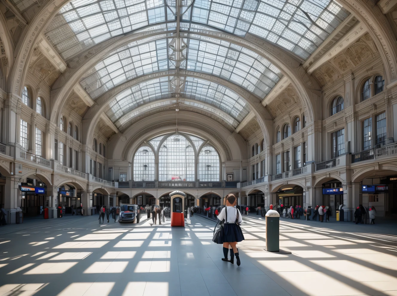 Фото Canon EOS 5D Mark IV RF 24-70mm F2.8L IS USM of a beautiful railway station building with large platforms and apron on a bright sunny day, train on the platform, people get into cars