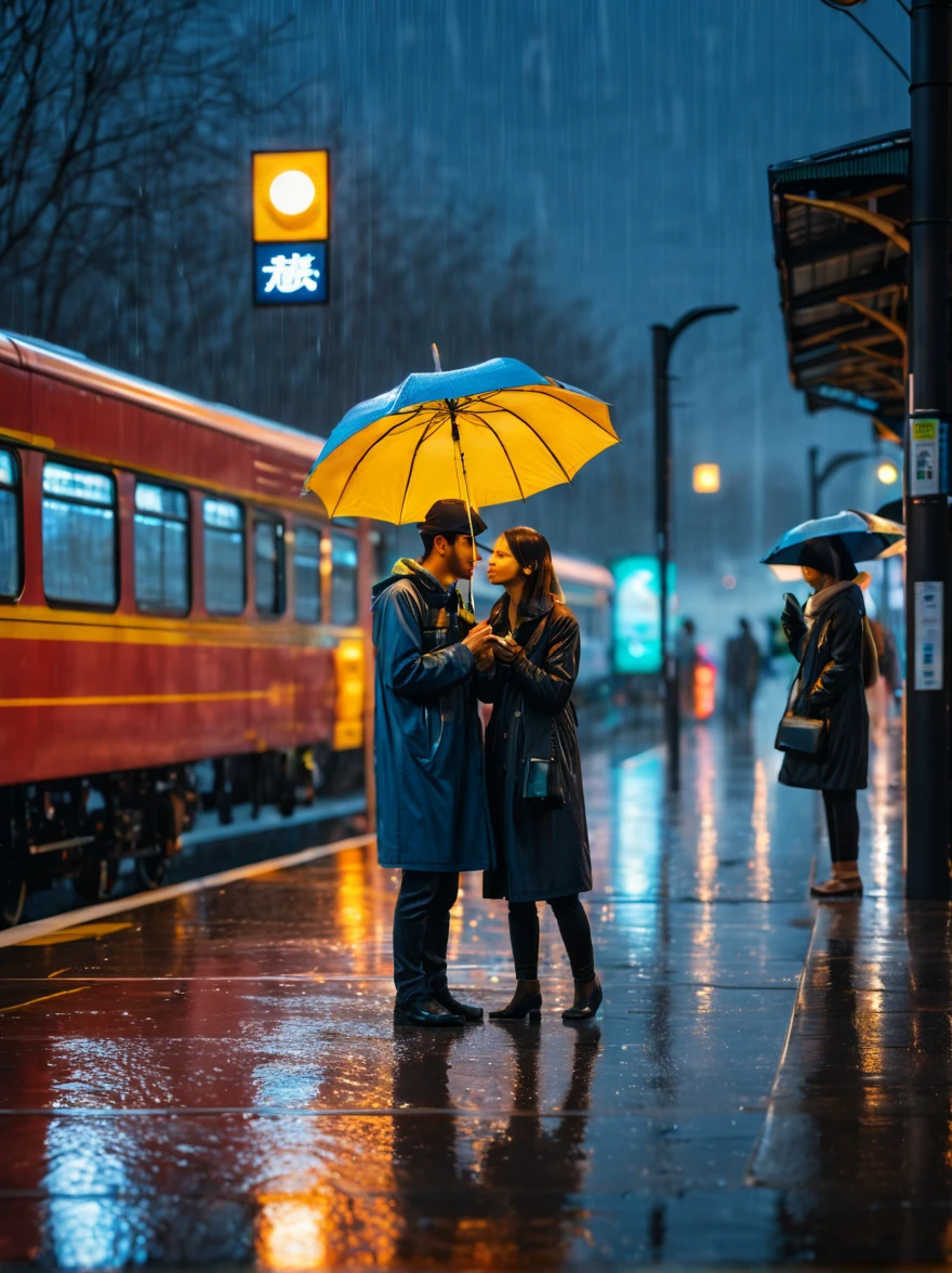 (train station scene:1.5)，At a rainy bus stop，A man stands between two women，They are all waiting for the bus to arrive。A man and a woman share a large umbrella，The other woman was holding her own small umbrella。The rain formed puddles on the ground，The lights at the bus stop look particularly warm in the rain。The surrounding environment looks a little hazy due to the rain，But the lights at the bus stop provide them with a warm haven。Both men and women wore rainy-weather clothing，man wearing a hat，The women wore light raincoats。Despite the bad weather，But they seemed to have a pleasant conversation，This makes the whole scene full of human touch and warmth，Let the picture pay more attention to the expression of nature and environment，3D rendering miniature scene design，miniature diorama，Transparent material，Pipe conveying materials，rich and colorful，futuristic，Graphic design inspiration illustration，emerging rendering，mixer，Unreal Engine，HDR, HD，best quality