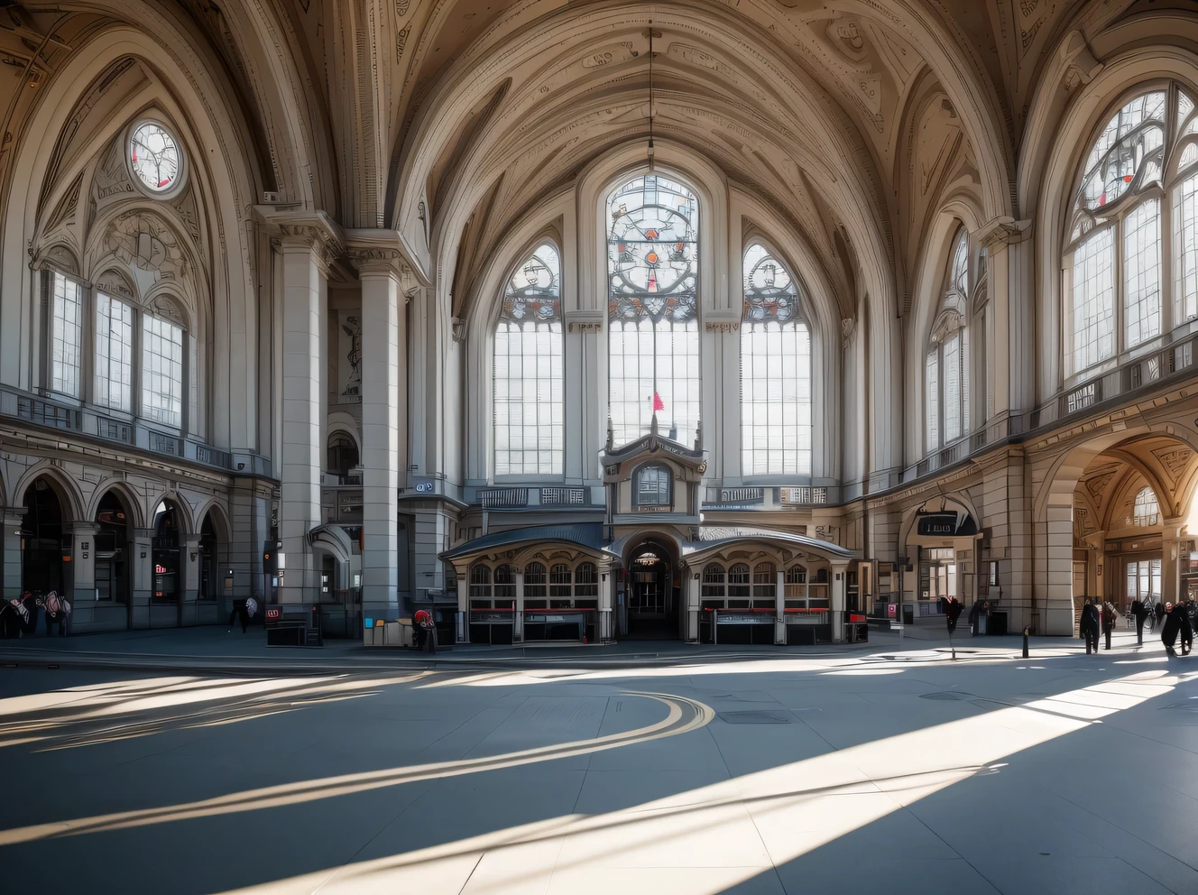 Фото Canon EOS 5D Mark IV RF 24-70mm F2.8L IS USM of a beautiful railway station building with large platforms and apron on a bright sunny day, train on the platform, people get into cars