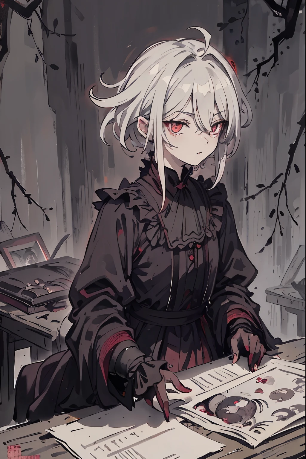 Dark silhouette, upper body, dark shadows, only silhouette, 1boy, shadow, dark aura, looking at viewer, deadpan face, shadow, (white messy hair:1.5), (dark red shining eyes:1.5), white hair, close-up, vampire, vampire fang, cute fang, fang