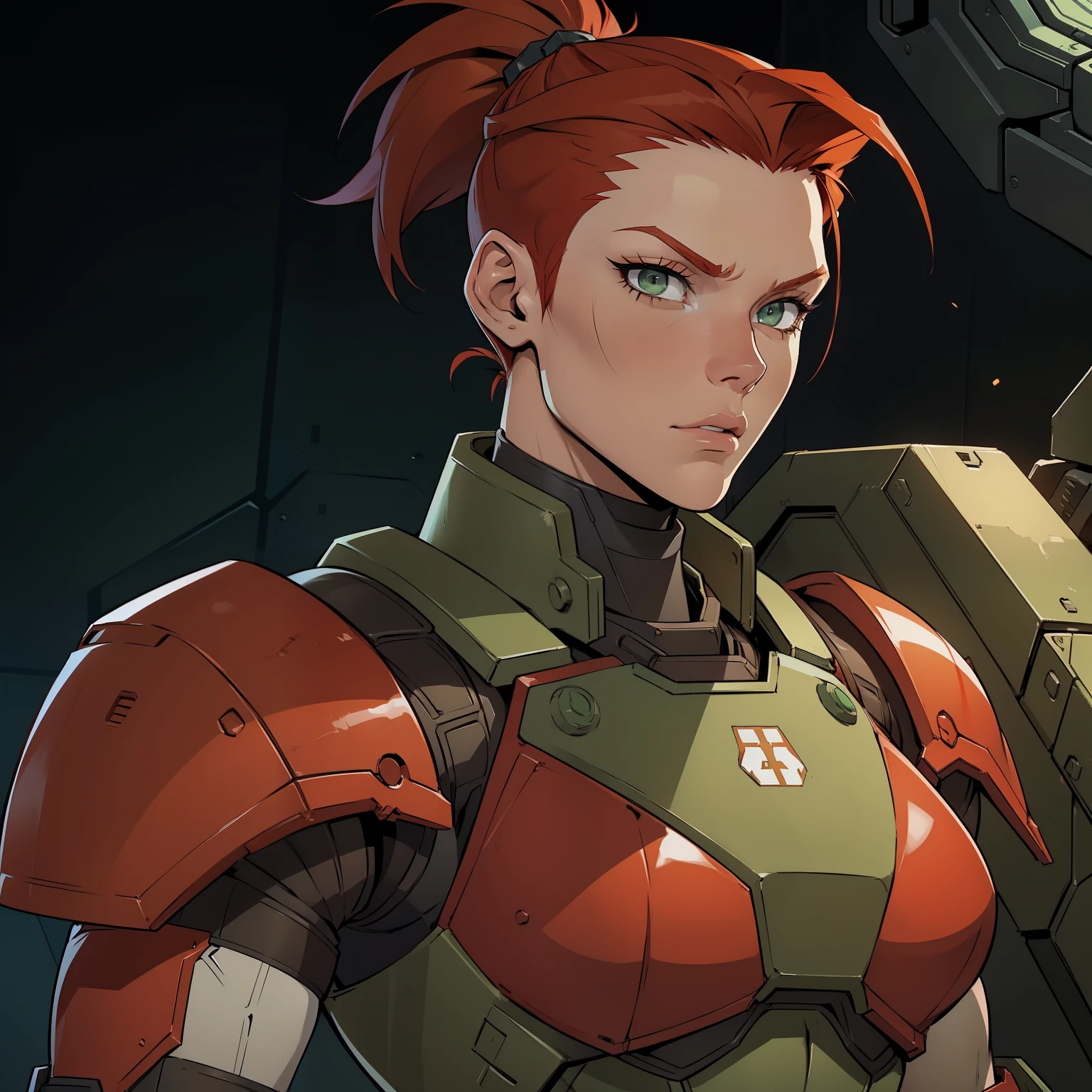 Lanky_muscular_female strong_jawline red_hair short_ponytail shaved_sides green_eyes scars heavy_power_armor tactical_vest space_marine solo Masterpiece best_quality highly_detailed well_drawn_eyes