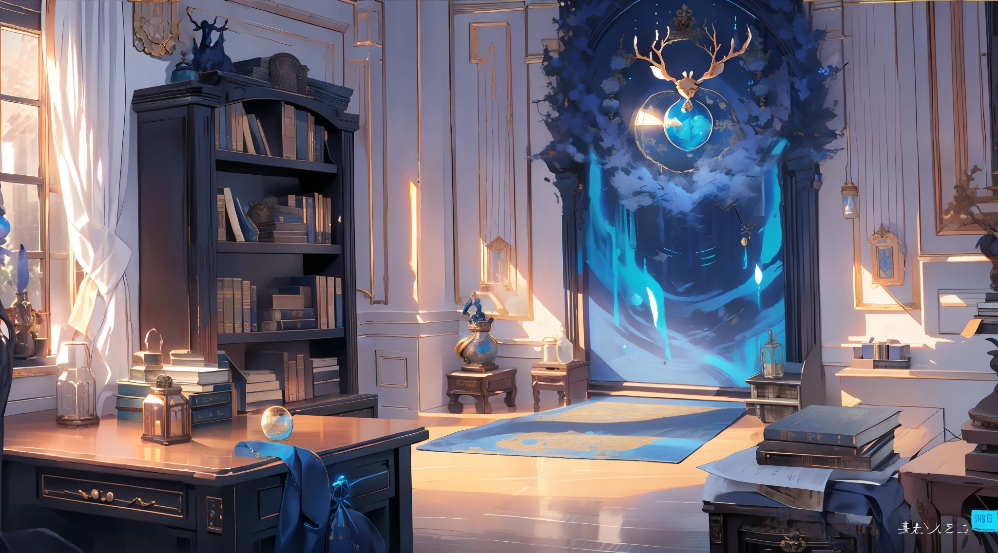 dark office scene，Witch related elements，On the wooden table are several blind box figures，office door，Witch&#39;s Potion Jar，Blue water，bookcase，books，Deer head，