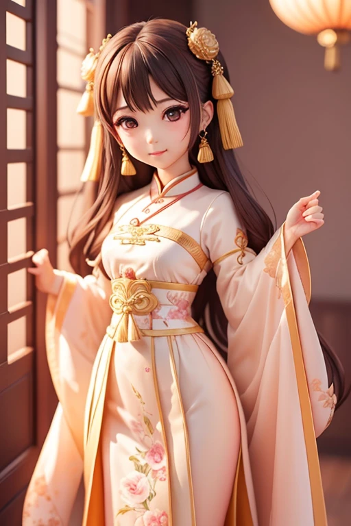 monochrome、girlと一緒に, a bit、amber, , pastel silk pink medium dress, luxury fabric、漢服ドレス girlが着る服とは?、Traditional Chinese、Features a luxurious design and color。the dress is normal、Design that covers all body shapes、Features long sleeves and ornate decorations.。 hairstyle: girl'hair、伝統的な中国hair型にアレンジされているかもしれません。It is commonly decorated with hair ornaments or hairpins.。Bun or long hair(Benpatsu)styles such as。 ornaments: 漢服の服を着たgirl、ornamentsを身につけることがあります。This too、necklace、earrings、手首や足首のornamentsなどが含まれる場合があります。これらのornamentsは、It is generally chosen to match the design and color of the dress.。.。 facial expressions and poses: girlの表情やThe pose is、You can be calm and classy。Does she have a confident smile???、or、she may be smiling like a woman..。The pose is、A design that brings out her elegance and elegance.。 background: 絵のbackgroundには、May depict traditional Chinese landscapes and architecture.。for example、garden、temple、or mountains々may be drawn。this is、Helps add Chinese culture and atmosphere to the overall picture。 long hair、long dress、super beautiful、超delicate、super masterpiece、Big eyes、The finest dresses、brown hair、amber, , medium pastel violet white, luxury fabric, dithering, extensive,viewer lucky brown,wearing a dress、、There are no protrusions on the head、頭部hairの毛部分に突起はありません., long hair、long dress、super beautiful、超delicate、super masterpiece、Big eyes、delicate、super beautiful、Hanfu Pink、超delicate、