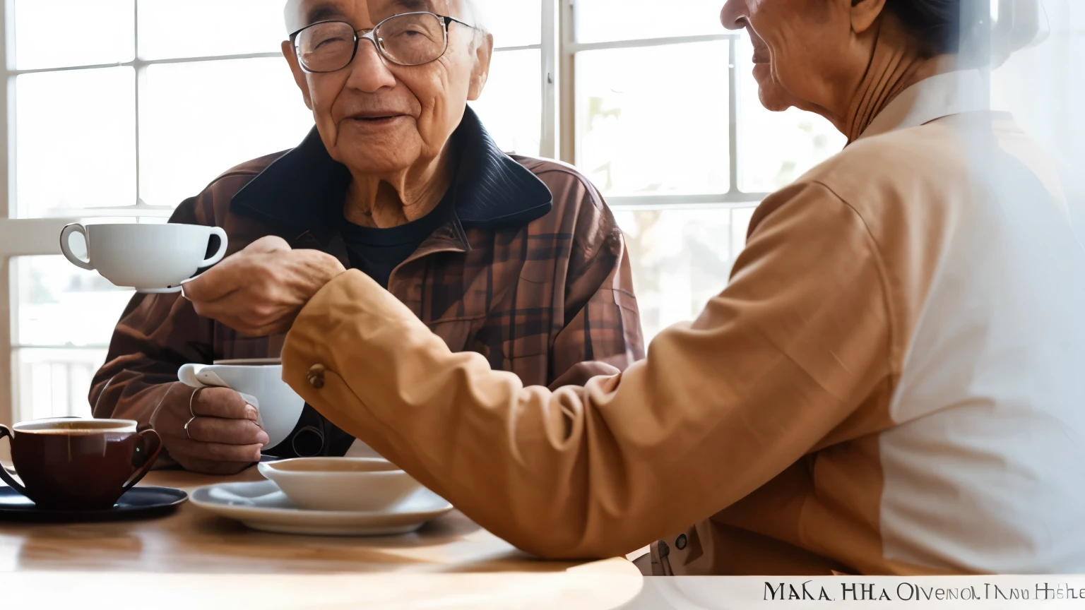 An elderly couple drinking coffee and talking at a low table, high quality photos