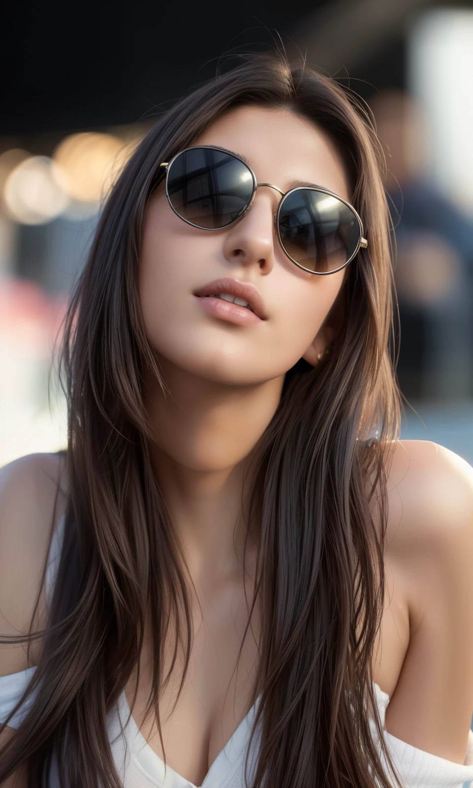 21-year-old, Russian race, (Masterpiece, best quality, photorealistic, high res, photography: 1.3), close-up shot, sharp focus, black hair, European girl, hot model, sexy hot model, sexual gaze, sexy hot face, delicate face, slim, Height 160cm, wearing sunglasses, sunglasses, realistic skin, (perfect body, cleavage), sweatshirt, sports top, medium breasts, slim, extremely detailed hair, shiny lips, outdoor, ((vivid light, dynamic lighting, realistic, super realistic, realism, realistic detail