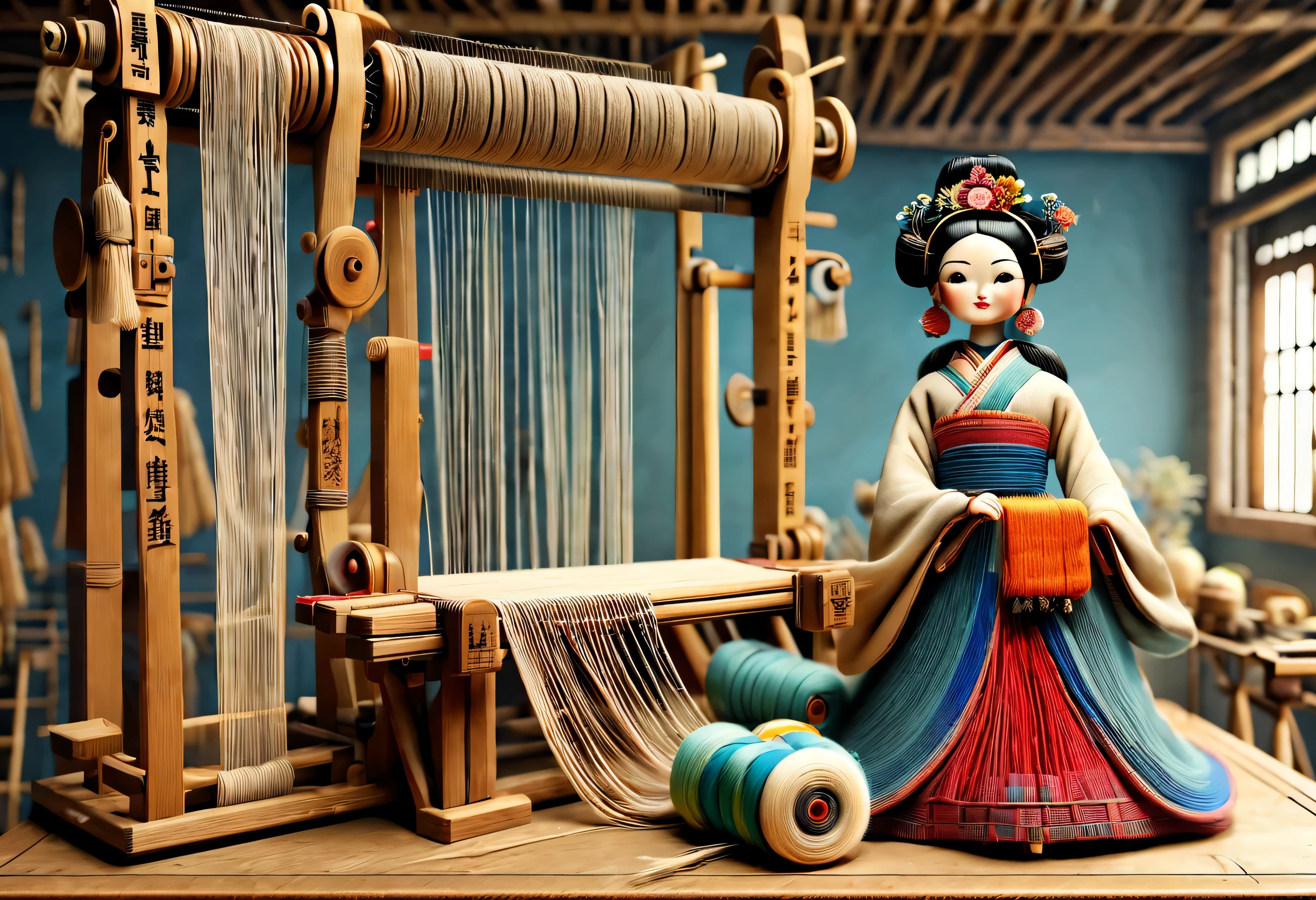 China&#39;s unique high-end carpenter sculpture style，The character is full body，（Mechanical doll sitting in front of ancient Chinese loom），Inspired by the looms of Jiangning Weaving Museum，wooden shuttle loom，loom frame、Brora、loom head、Shuttle and yarn composition。loom frame用于支撑loom head和Brora，They perform the weaving function through a series of mechanical movements。Shuttle is an essential accessory for weaving，Mainly responsible for conveying yarn，Realize the function of knitting, cute and beautiful face, Extra long red double braids, blue and orange skirt, Slender mechanical wooden arms and legs, Beautiful and detailed，rotate, dance, 8k, super detailed, actual, high resolution, Ray tracing,yarn art