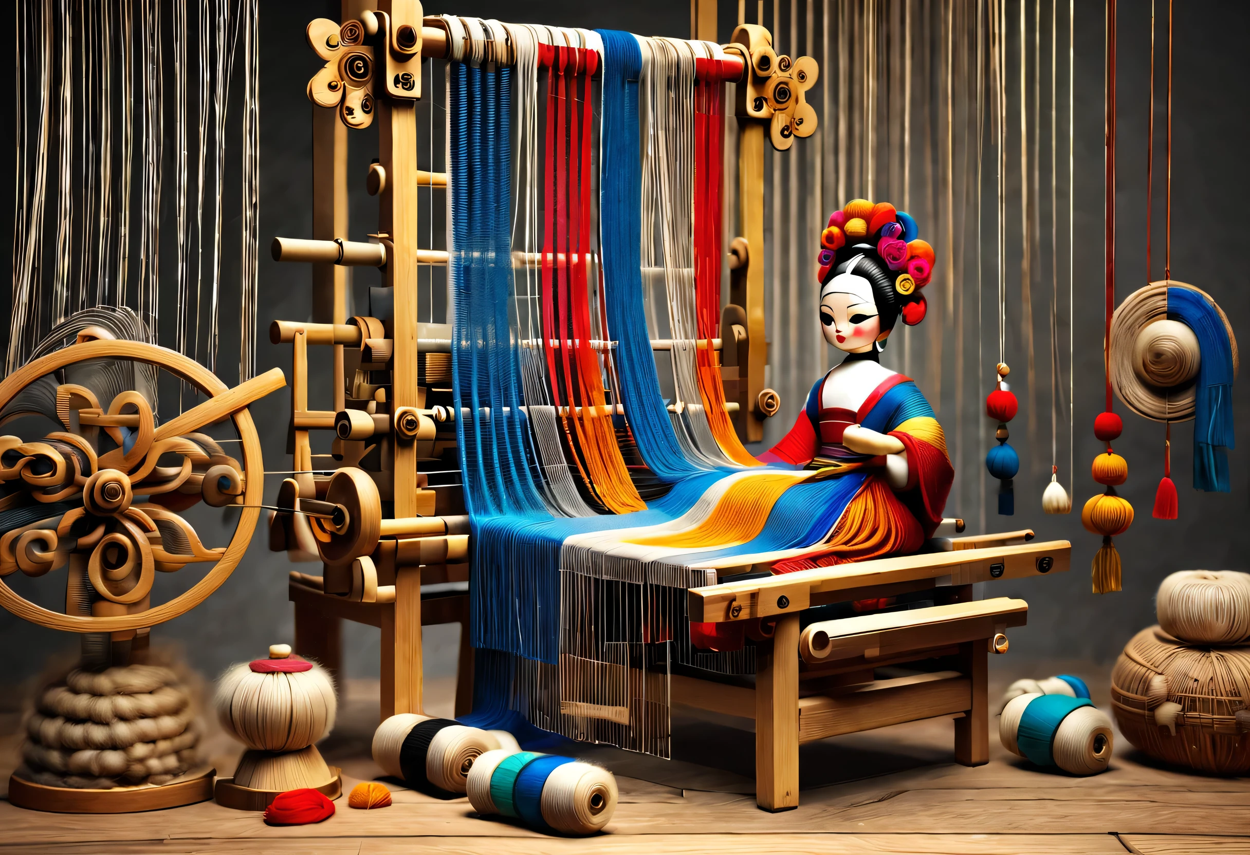 China&#39;s unique high-end carpenter sculpture style，The character is full body，（Mechanical doll sitting in front of ancient Chinese loom），Inspired by the looms of Jiangning Weaving Museum，wooden shuttle loom，loom frame、Brora、loom head、Shuttle and yarn composition。loom frame用于支撑loom head和Brora，They perform the weaving function through a series of mechanical movements。Shuttle is an essential accessory for weaving，Mainly responsible for conveying yarn，Realize the function of knitting, cute and beautiful face, Extra long red double braids, blue and orange skirt, Slender mechanical wooden arms and legs, Beautiful and detailed，rotate, dance, 8k, super detailed, actual, high resolution, Ray tracing,yarn art