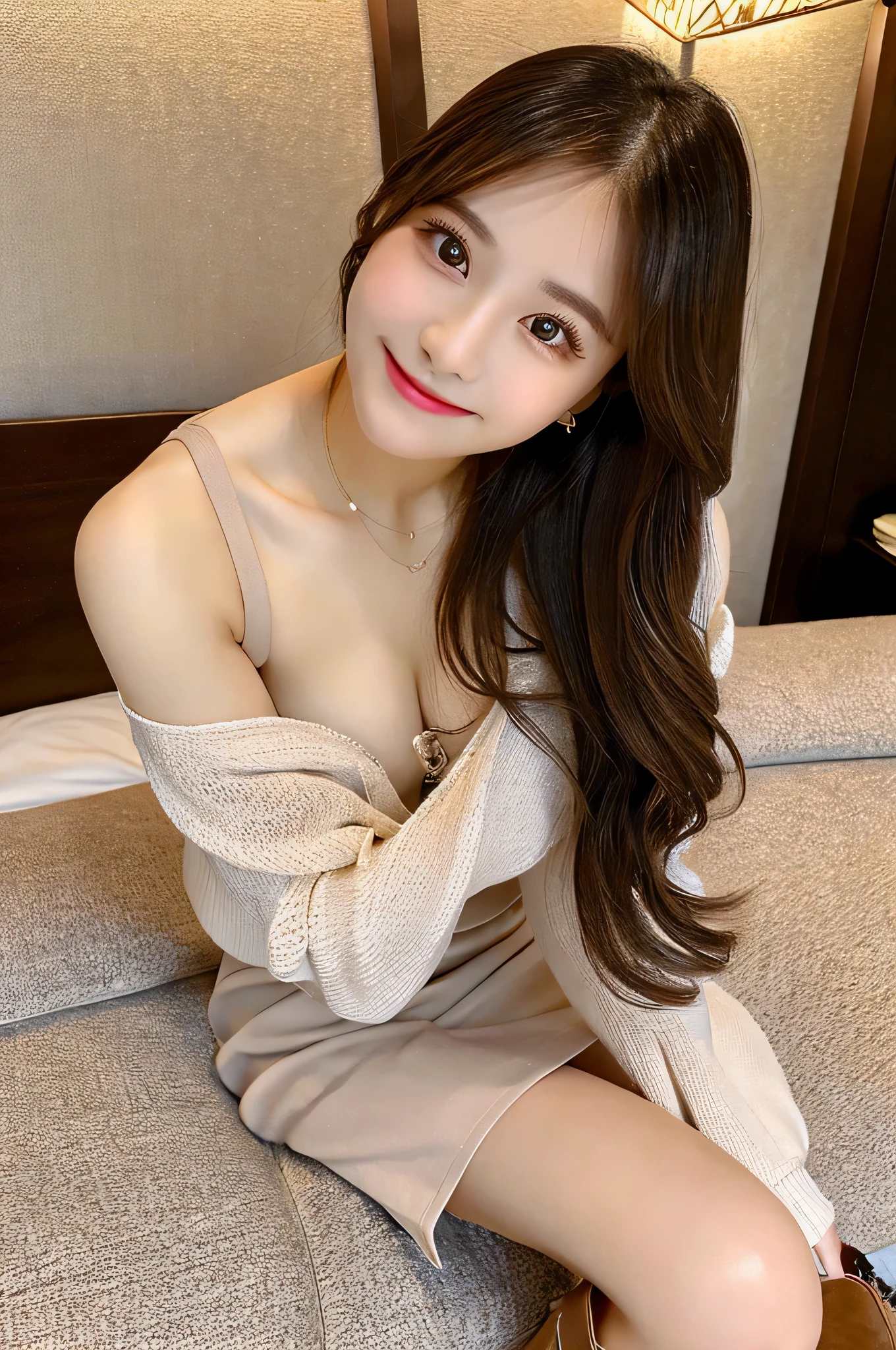 high quality, Super detailed, finely, High resolution, 8k, perfect dynamic composition, beautiful and detailed eyes, natural color lip, random sexy pose,cute smile,Hotel,18 year old girl、beautiful and detailed face、perfect and beautiful face,Big eyes、beautiful and detailed face、perfect and beautiful double eyelids,blur the background,perfect and beautiful face,just a skirt，beautiful feet，thighs,The woman I want to hold,boots,shoes,conversion,gal