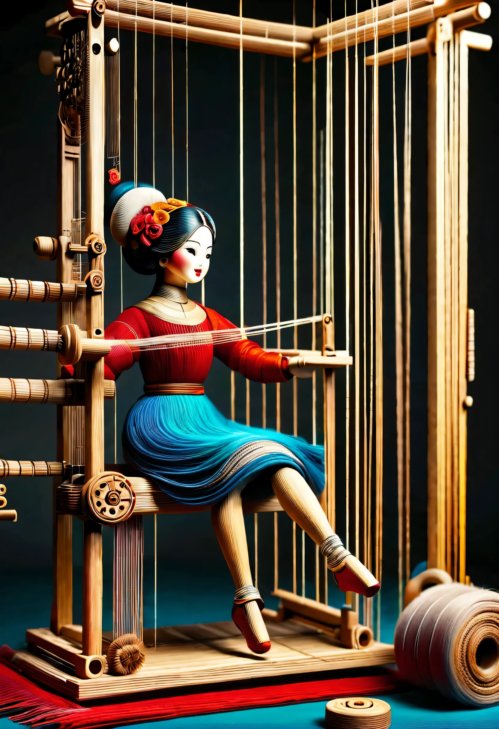 China's unique high-end carpenter sculpture style,The character is full body,(Mechanical doll sitting in front of ancient Chinese loom),Inspired by the looms of Jiangning Weaving Museum,wooden shuttle loom,loom frame、Brora、loom head、shuttle and yarn composition。gear,shuttle,complex structure,loom frame用于支撑loom head和Brora,They perform the weaving function through a series of mechanical movements。shuttle is an essential accessory for weaving,Mainly responsible for conveying yarn,Realize the function of knitting, cute and beautiful face, Extra long red double braids, blue and orange skirt, Slender mechanical wooden arms and legs, Beautiful and detailed,rotate, dance, 8k, super detailed, actual, high resolution, Ray tracing,yarn art