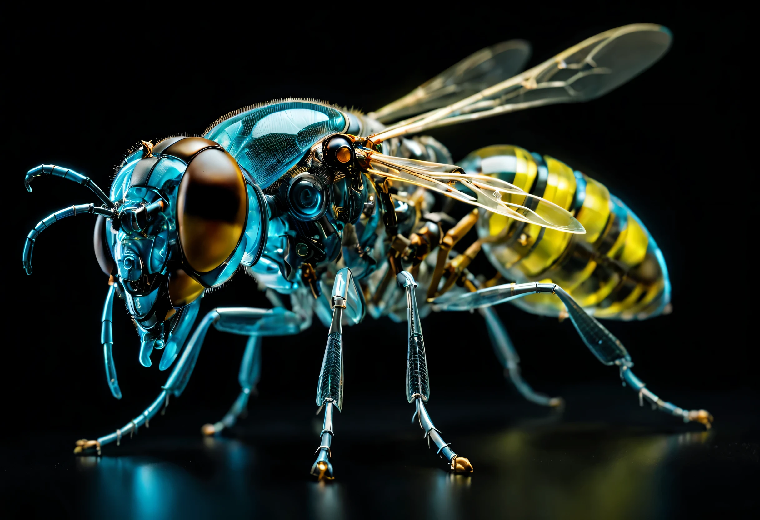 whole body, Pure black background, The combination of biology and machinery, transparent mechanical wasp, The internal structure is complex and precise, glowing neon light