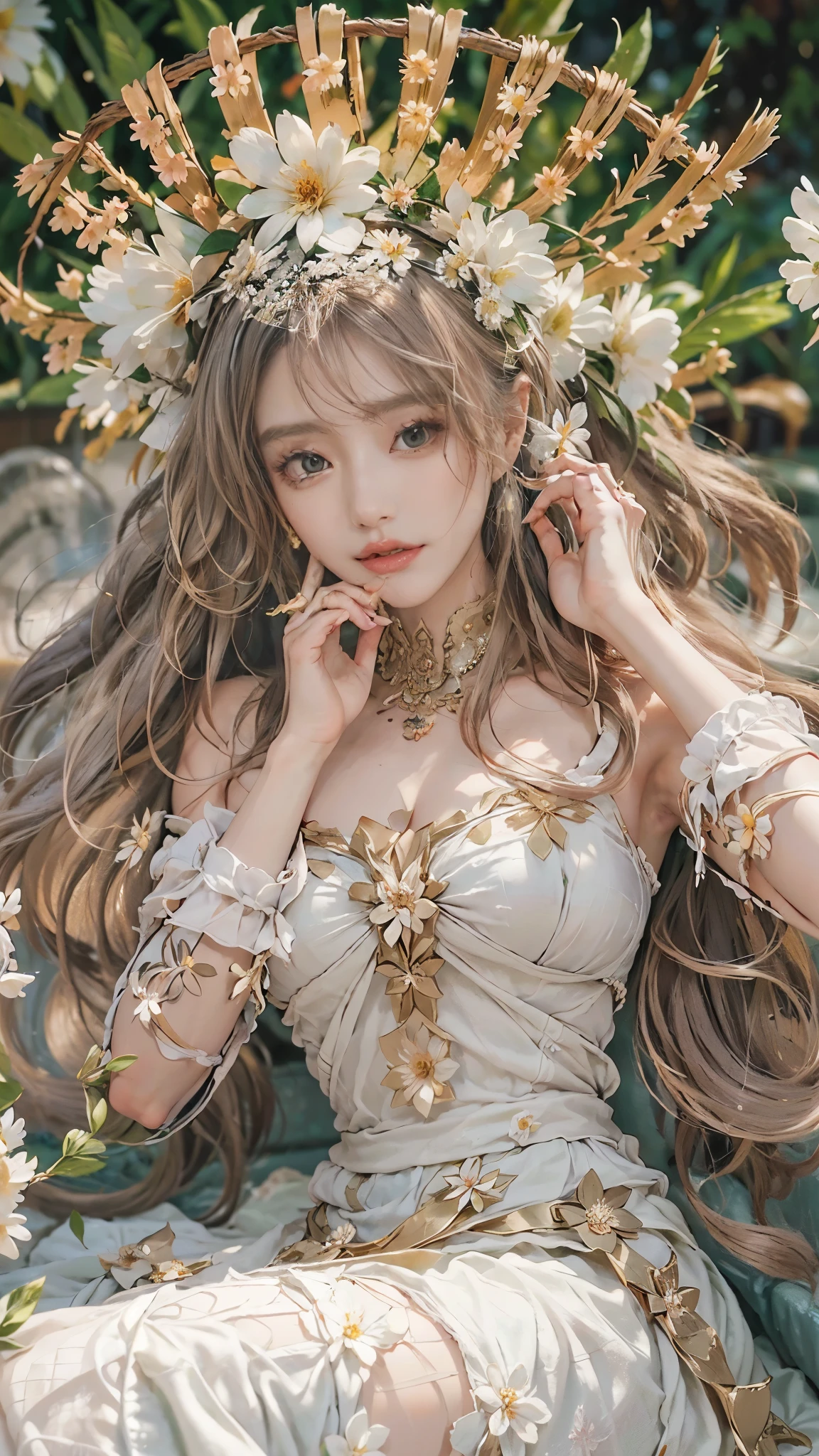 realistic, Highly CG Integrated 8 thousand Dendenden Wallpapers, Detail, high quality photos, professional photography, (8 thousand, RAW photos, best quality:1.4), ((myth에 나오는 환상적인 드레스:1.6)), transcendent beauty, 인도 female, glowing skin, big bust, half exposed chest, ((cleavage of breasts:1.2)), (fair face:1.2), (long hair blowing in the wind:1.2), (Cafe with lots of flowers:1.5), clean face, blemish-free face, beautiful waist, ((Complex and sophisticated work)), Perfect_possession, Pelvic exposure, myth, gold foil, fantastic dress made of jewels, throne, Sitting on a huge king chair and looking straight ahead, intricate headdress, earring, Gorgeous necklace, numerous decorations, realistic, real person, real people, female,