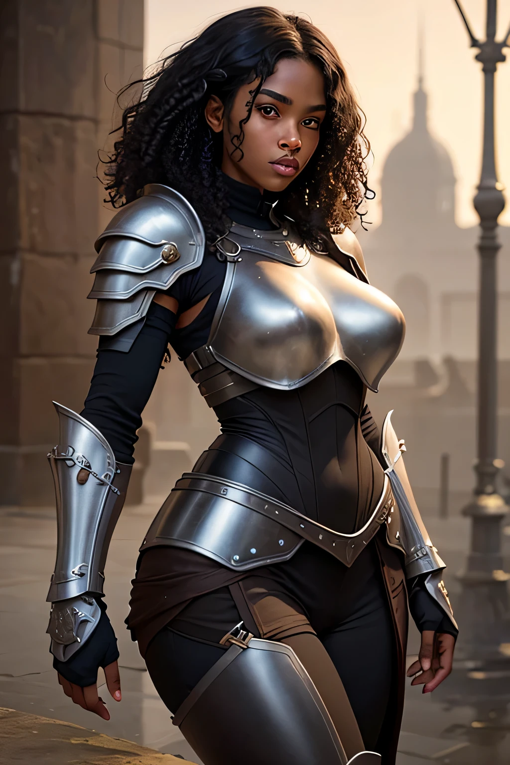 female, ebony skinned, brown eyes, black hair, curly hair, Lanky muscular, strong jawline, heavy plate armor, solo, masterpiece, best quality, highly detailed, well drawn eyes, detailed face