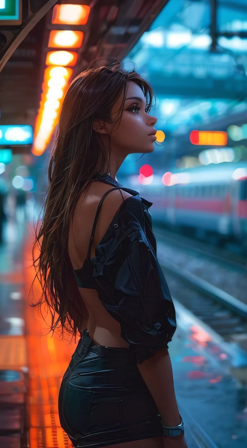 (best quality,4k,8k,highres,masterpiece:1.2),ultra-detailed,realistic, sexy woman standing at a train station platform, perfect body, nice ass, large breasts, model photoshoot, busy station, vibrant colors, dramatic lighting
