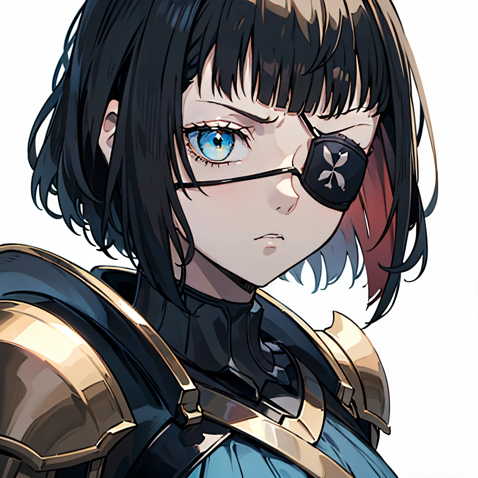 1girl, short black hair, bob cut, blue eyes, black eyepatch, medium breast, black armor, portrait, simple background, furious expression, looking at the camera, from the front, 4k