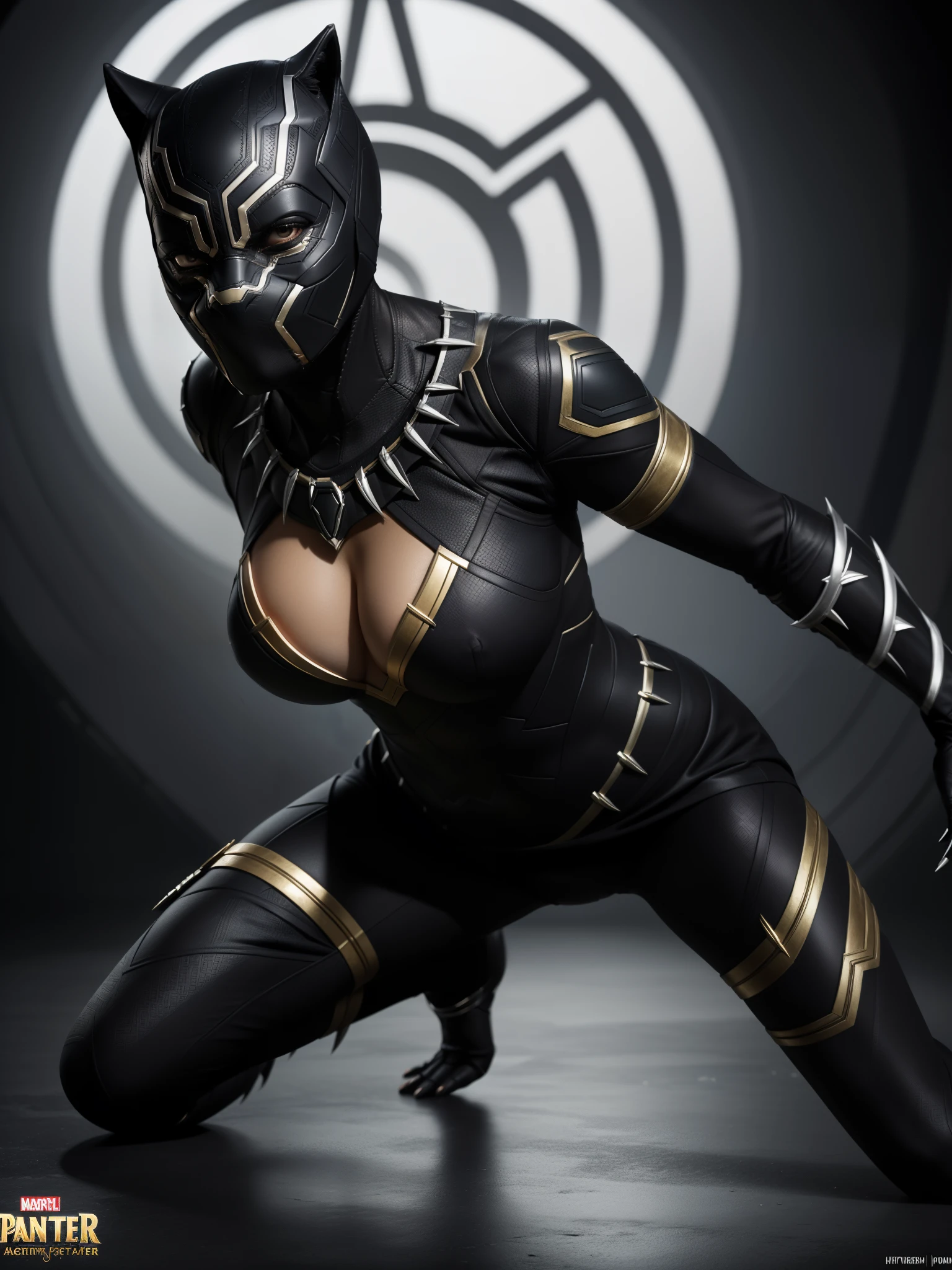 (Marvel's Black Panther, based on the costumes from the Marvel films), (work of art), (ultra detailed), cinematic, (8k resolution), (extremely detailed and technological), Abstract expressionism painting "Hyperion", Black Panther Goddess , technological armor, swimsuit armor showing pussy, epic technological image, epic posture, legendary, crouched posture with hands on the ground, flexible body, legs spread sexy. dark environment, digital painting, concept art portrait of the character, (sexy female body with curves, ((face completely covered using black panther mask, sharp panther teeth)), glowing energy, gold details, impressive cleavage, very open, (extremely long and beautiful natural breasts, large, breasts popping out of the cleavage, dark nipples showing), Get close to emphasize the beautiful cleavage, close-up on the sagging breasts), the most beautiful and sexiest character of all.