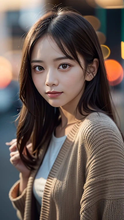 (High Resolution, 4k, 8k, Super Detailed:1.2), (Surrealistic, Photorealistic:1.37), (Illustrated), (Detailed Lighting),
(very delicate and beautiful), one young girl, brown hair, brown eyes, model, wearing a black cardigan,((smiling seductively at the camera:1.2))
Background of street trees in Tokyo, ((jade bokeh:1.3)) (Top quality), 
Super detailed CG wallpaper in 8k, Vibrant colors, Professional level, ((Bokeh effect))), Depth of field, Twilight, Sunset. Nikon,  f/4.8