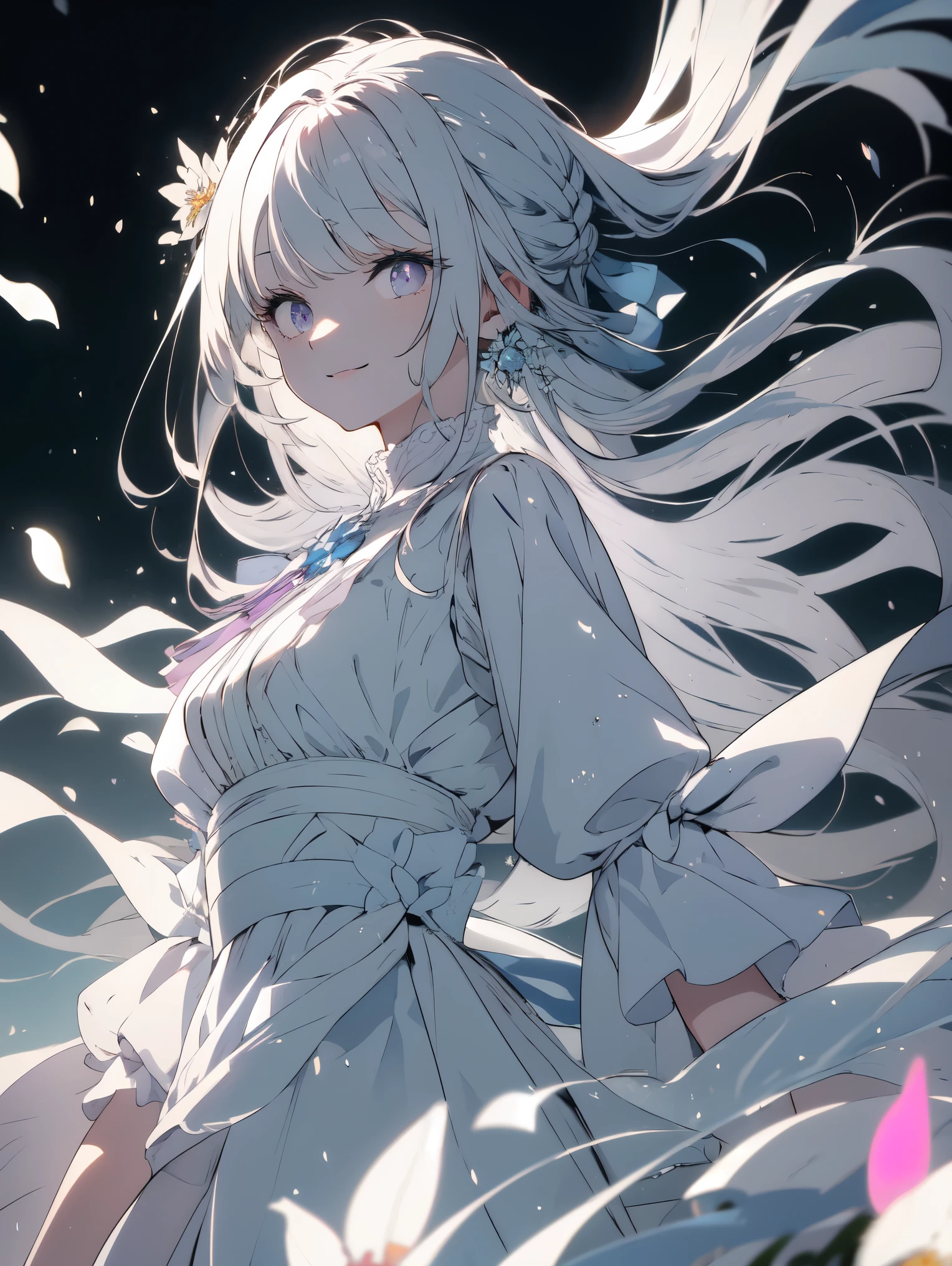 ((masterpiece、High quality、detail、Shining eyes)) great work, daytime, outdoors, falling flowers, white dress, 1 girl, perfect woman, Silver and white long-haired woman, gray blue eyes, pale pink lips, cold, Severe, bang, purple eyes, white clothes, black clothing line, delicate face, exquisite face, standing bow, tassel, happiness knot, smile
