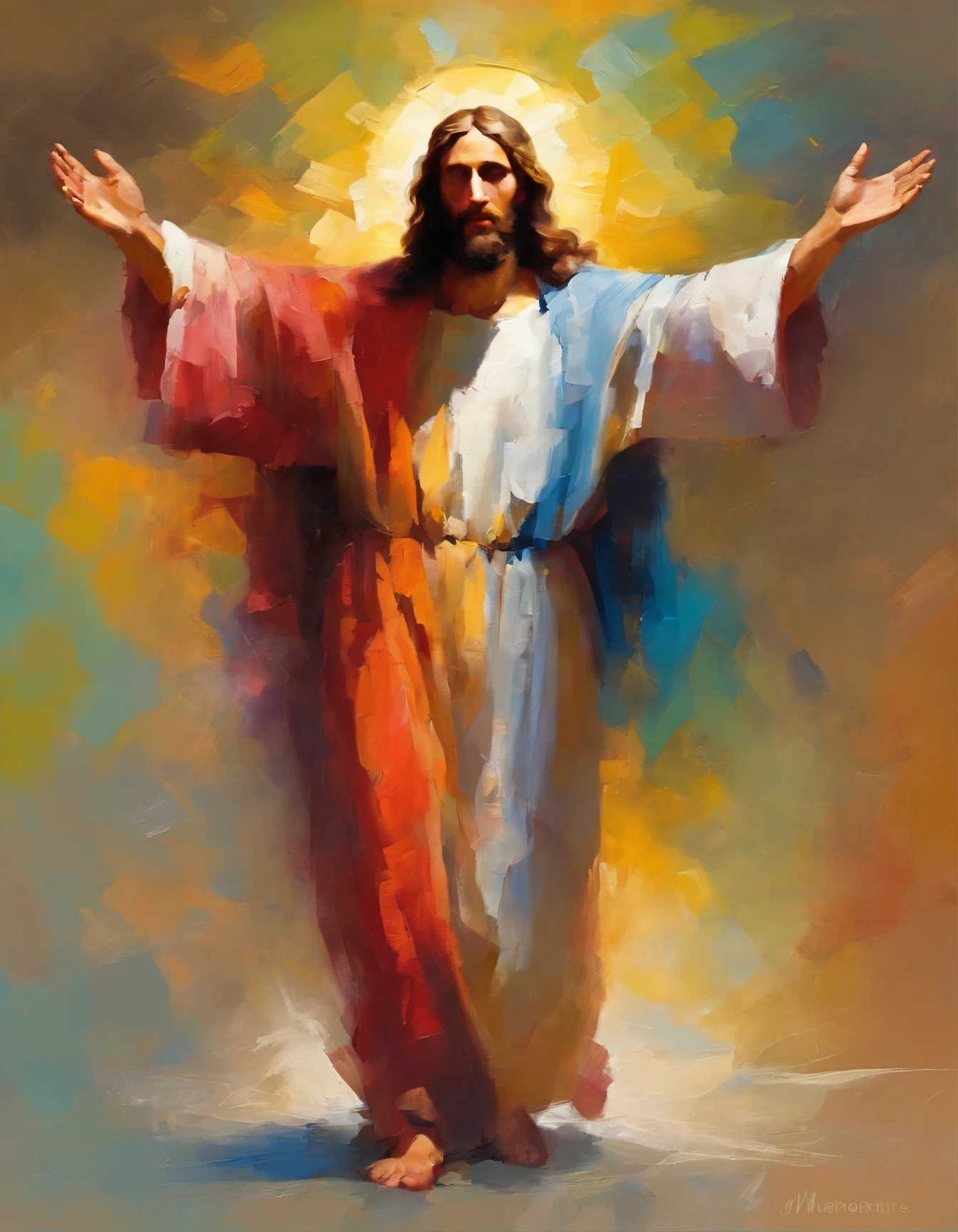 Jesus with open arms. Olhar meigo e acolhedor.