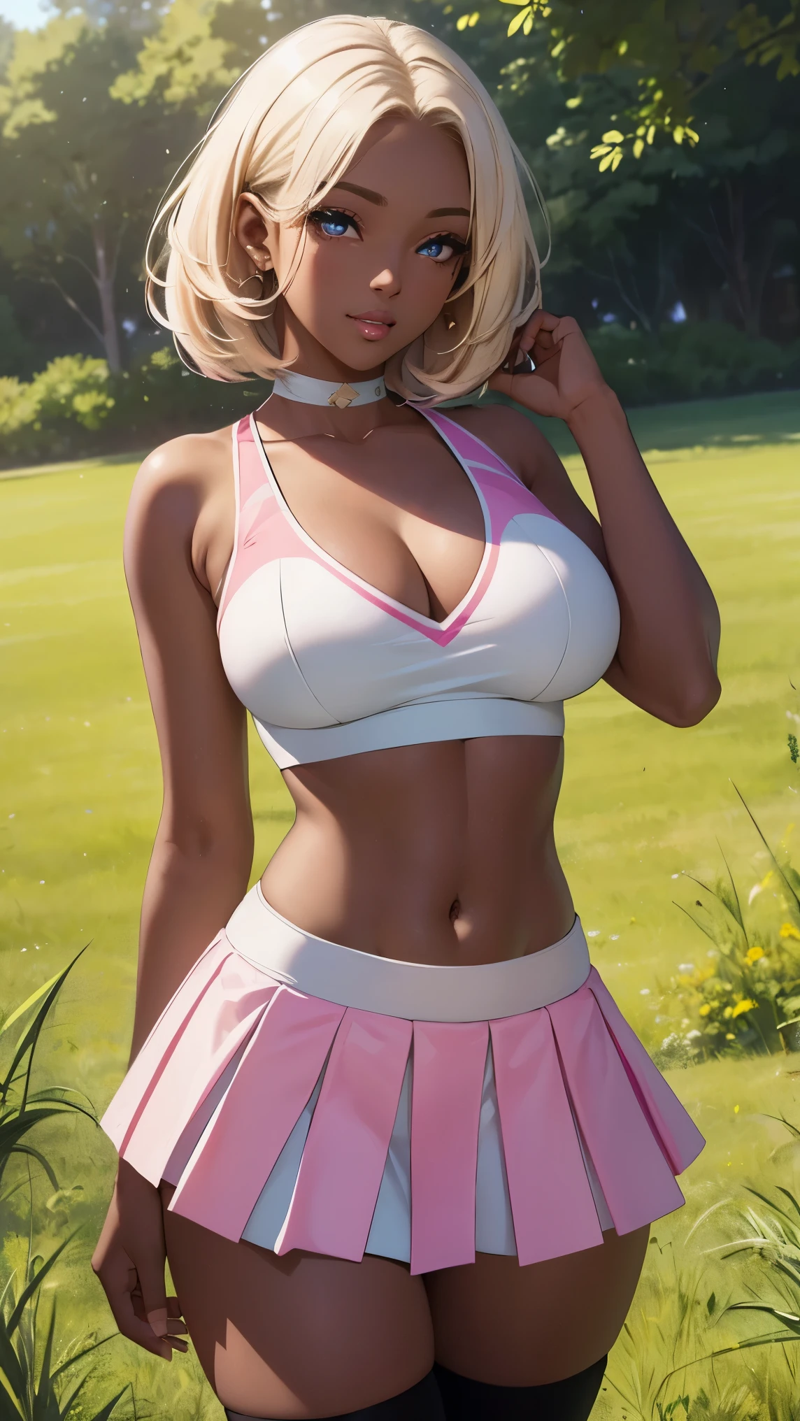 Highest Quality, ​masterpiece, beautifully detailed eyes, (dark skin), short Blonde Hair, Gradient Hair, pink highlights in hair, large breasts, standing, makeup, glossy lips, full lips, (natural lighting), grass, cheerleader, light smile, midriff, collarbone, thigh highs, miniskirt