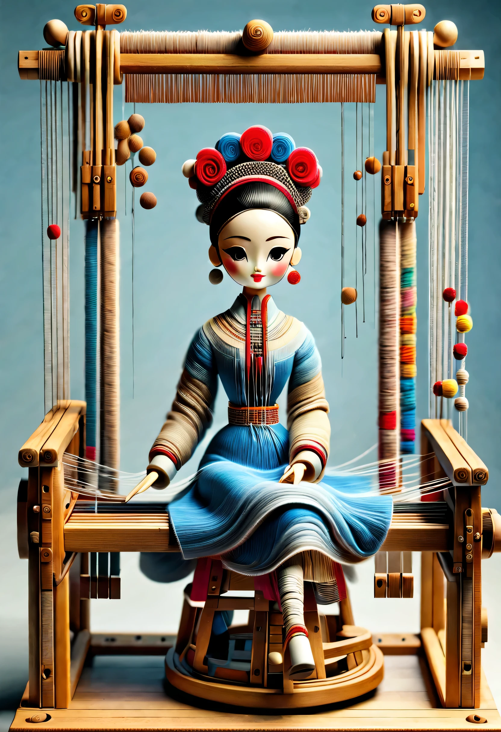 China&#39;s unique high-end carpenter sculpture style，The character is full body，（Mechanical doll sitting in front of ancient Chinese loom），Inspired by the looms of Jiangning Weaving Museum，wooden shuttle loom，loom frame、Brora、loom head、shuttle and yarn composition。gear，shuttle，complex structure，loom frame用于支撑loom head和Brora，They perform the weaving function through a series of mechanical movements。shuttle is an essential accessory for weaving，Mainly responsible for conveying yarn，Realize the function of knitting, cute and beautiful face, Extra long red double braids, blue and orange skirt, Slender mechanical wooden arms and legs, Beautiful and detailed，rotate, dance, 8k, super detailed, actual, high resolution, Ray tracing,yarn art