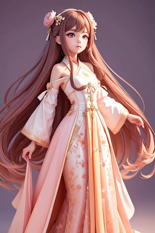 monochrome、girlと一緒に, a bit、amber, , pastel silk pink medium dress, luxury fabric、漢服ドレス girlが着る服とは?、Traditional Chinese、Features a luxurious design and color。the dress is normal、Design that covers all body shapes、Features long sleeves and ornate decorations.。 hairstyle: girl&#39;hair、伝統的な中国hair型にアレンジされているかもしれません。It is commonly decorated with hair ornaments or hairpins.。Bun or long hair（Benpatsu）styles such as。 ornaments: 漢服の服を着たgirl、ornamentsを身につけることがあります。This too、necklace、earrings、手首や足首のornamentsなどが含まれる場合があります。これらのornamentsは、It is generally chosen to match the design and color of the dress.。.。 facial expressions and poses: girlの表情やThe pose is、You can be calm and classy。Does she have a confident smile???、or、she may be smiling like a woman..。The pose is、A design that brings out her elegance and elegance.。 background: 絵のbackgroundには、May depict traditional Chinese landscapes and architecture.。for example、garden、temple、or mountains々may be drawn。this is、Helps add Chinese culture and atmosphere to the overall picture。 long hair、long dress、super beautiful、超delicate、super masterpiece、Big eyes、The finest dresses、brown hair、amber, , medium pastel violet white, luxury fabric, dithering, extensive,viewer lucky brown,wearing a dress、、There are no protrusions on the head、頭部hairの毛部分に突起はありません., long hair、long dress、super beautiful、超delicate、super masterpiece、Big eyes、delicate、super beautiful、Hanfu Pink、超delicate、