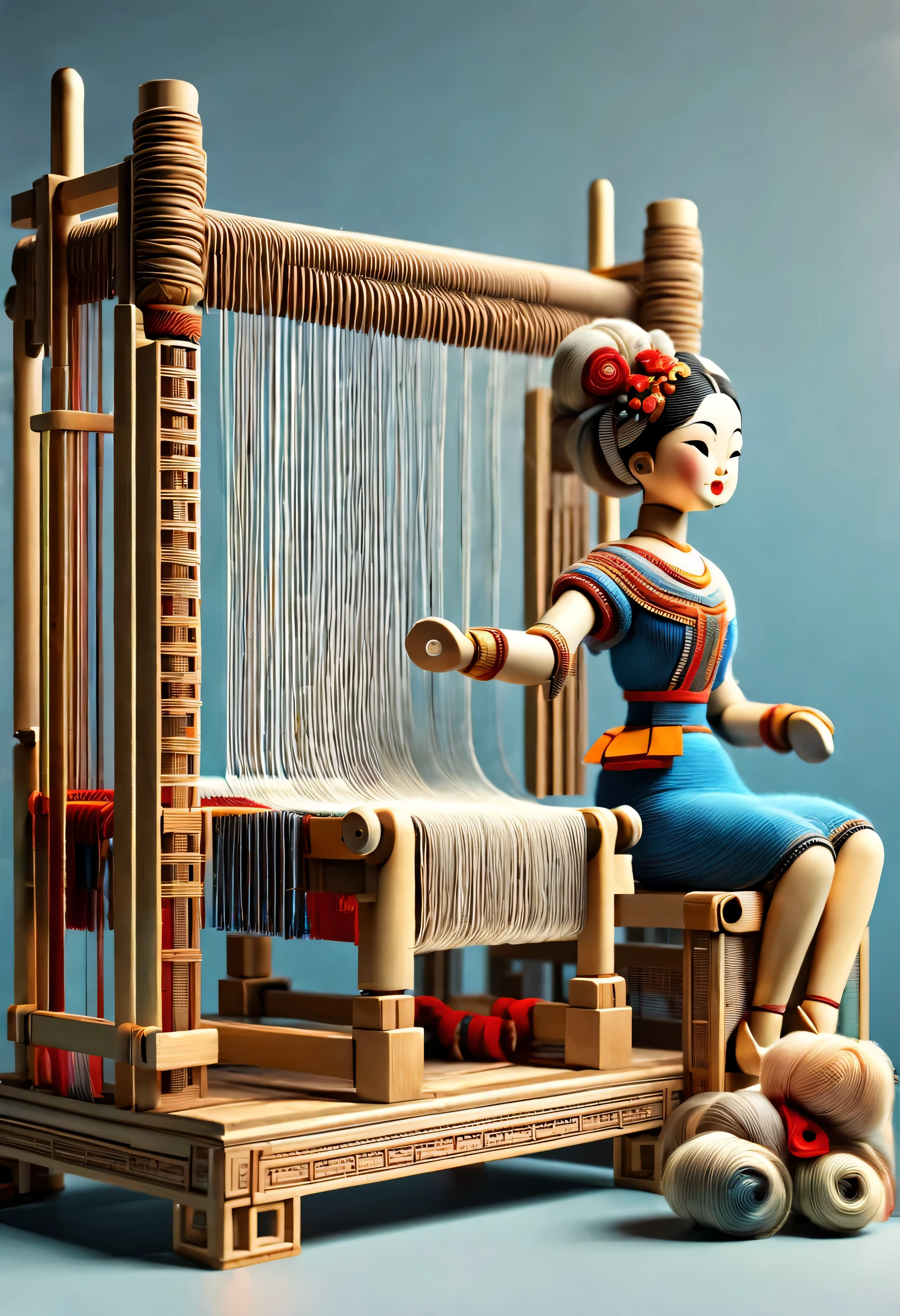 China's unique high-end carpenter sculpture style,The character is full body,(Mechanical doll sitting in front of ancient Chinese loom),Inspired by the looms of Jiangning Weaving Museum,wooden shuttle loom,loom frame、Brora、loom head、Shuttle and yarn composition。loom frame用于支撑loom head和Brora,They perform the weaving function through a series of mechanical movements。Shuttle is an essential accessory for weaving,Mainly responsible for conveying yarn,Realize the function of knitting, cute and beautiful face, Extra long red double braids, blue and orange skirt, Slender mechanical wooden arms and legs, Beautiful and detailed,rotate, dance, 8k, super detailed, actual, high resolution, Ray tracing,yarn art