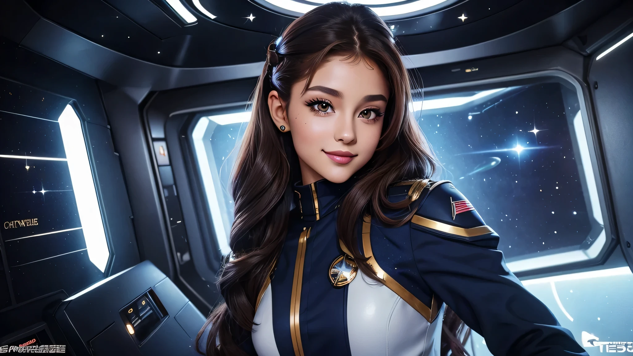 20 year old sexy space baby, Beautiful captain with long luscious brown hair, eyeliner, lipstick, eye shadow, flirty smile, There&#39;There&#39;s a cute sparkle in her eyes, like々new enthusiasm, Corporate bridge, Wearing a TNG uniform, sophisticated facial details, walk through the spaceship corridor,ariana grande,perfect body,(lie:1.3),
