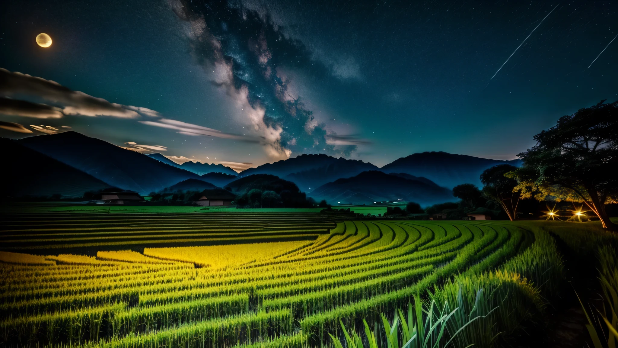 draw a starry sky on canvas,Mature rice fields and paddy fields are depicted below.,You can participate in the reflection of the reflected moon and stars。A bright moon and a softly glowing lantern are depicted on one side.,Draw a field path along the rice field,There may be a tree or a small village in the distance。Attention to detail,Create light and shadow effects,Beauty full of silence。